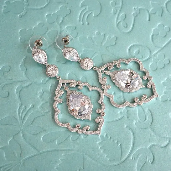 CZ Art Deco Chandelier Earrings, Cubic Zirconia Crystal Earrings, Dangle Drop Bridal Earrings, Wedding Jewelry, Vintage Wedding Earrings