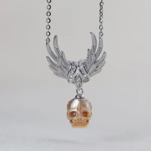 CZ Cluster Feather Wings Pearl Skull Necklace