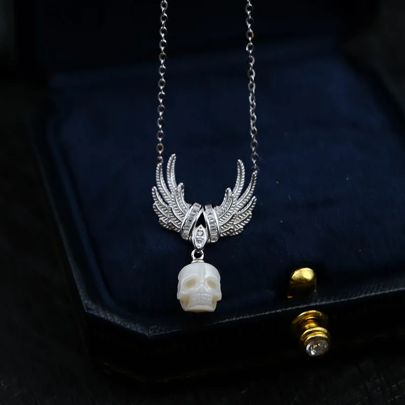 CZ Cluster Feather Wings Pearl Skull Necklace
