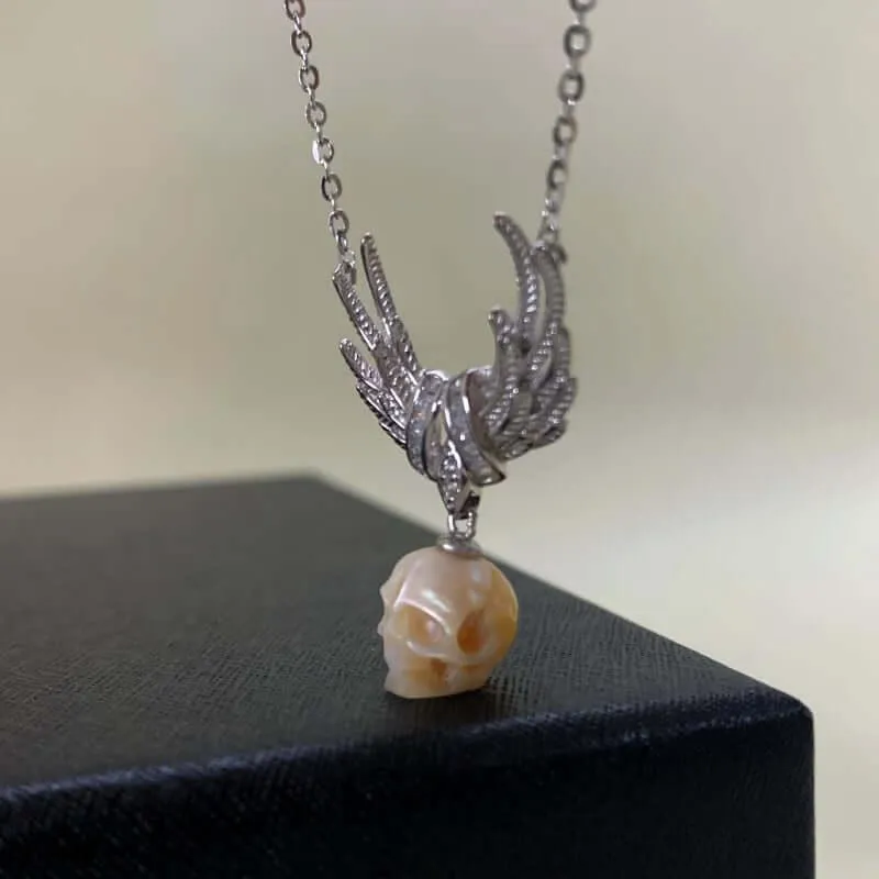 CZ Cluster Feather Wings Pearl Skull Necklace