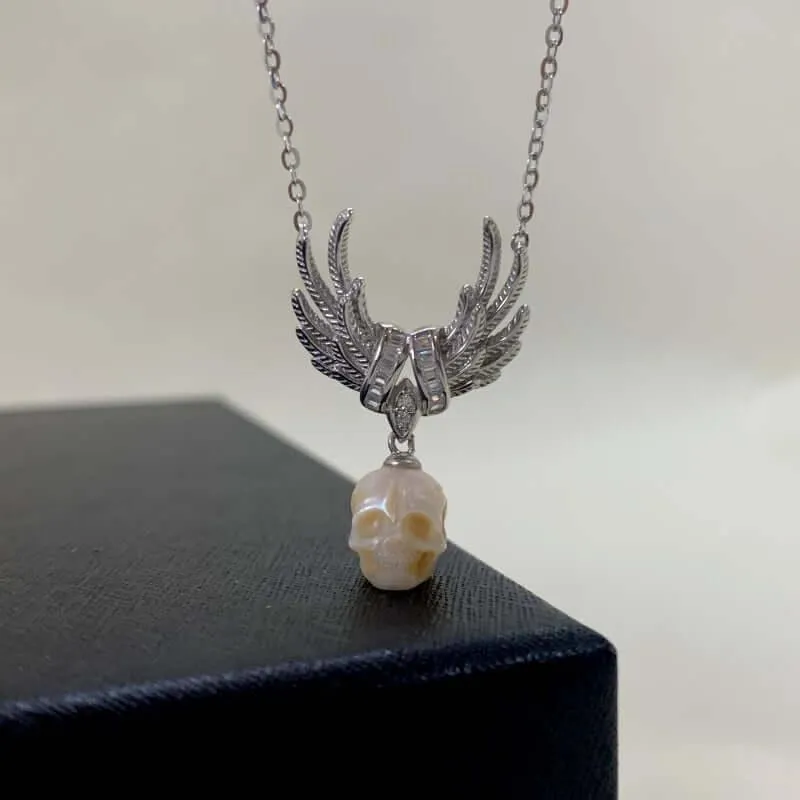 CZ Cluster Feather Wings Pearl Skull Necklace