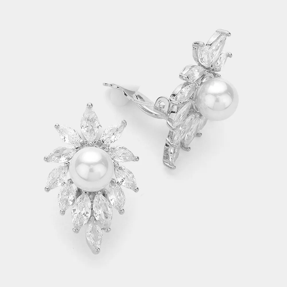 CZ Marquise Stone with White Pearl Center Clip On Bridal Earrings | Clip On Pearl Earrings | 627855