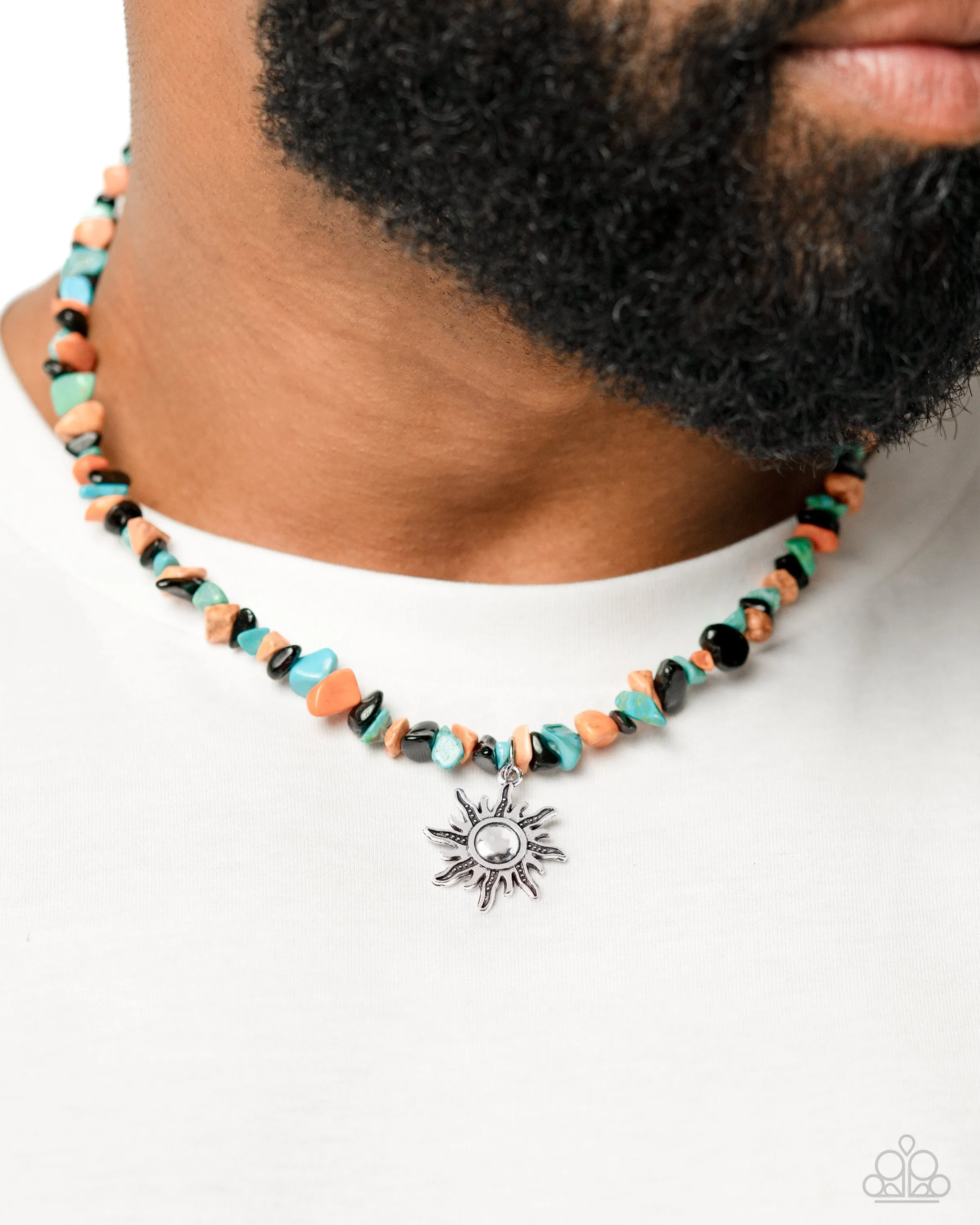 Dancing In The Sunlight - Black - Orange, Green, and Turquoise Stone Silver Sun Charm Paparazzi Urban Necklace