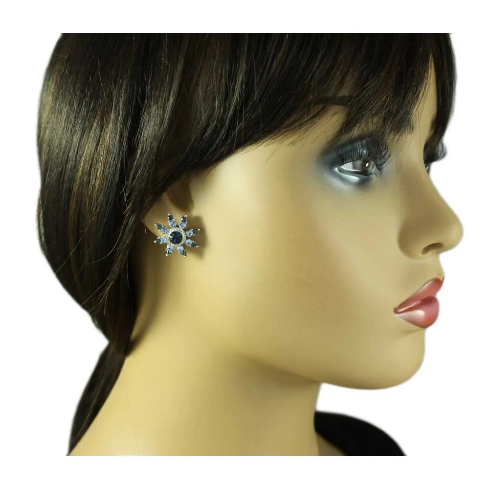 Dark and Light Blue Crystal Flower Pierced Earring - REC828
