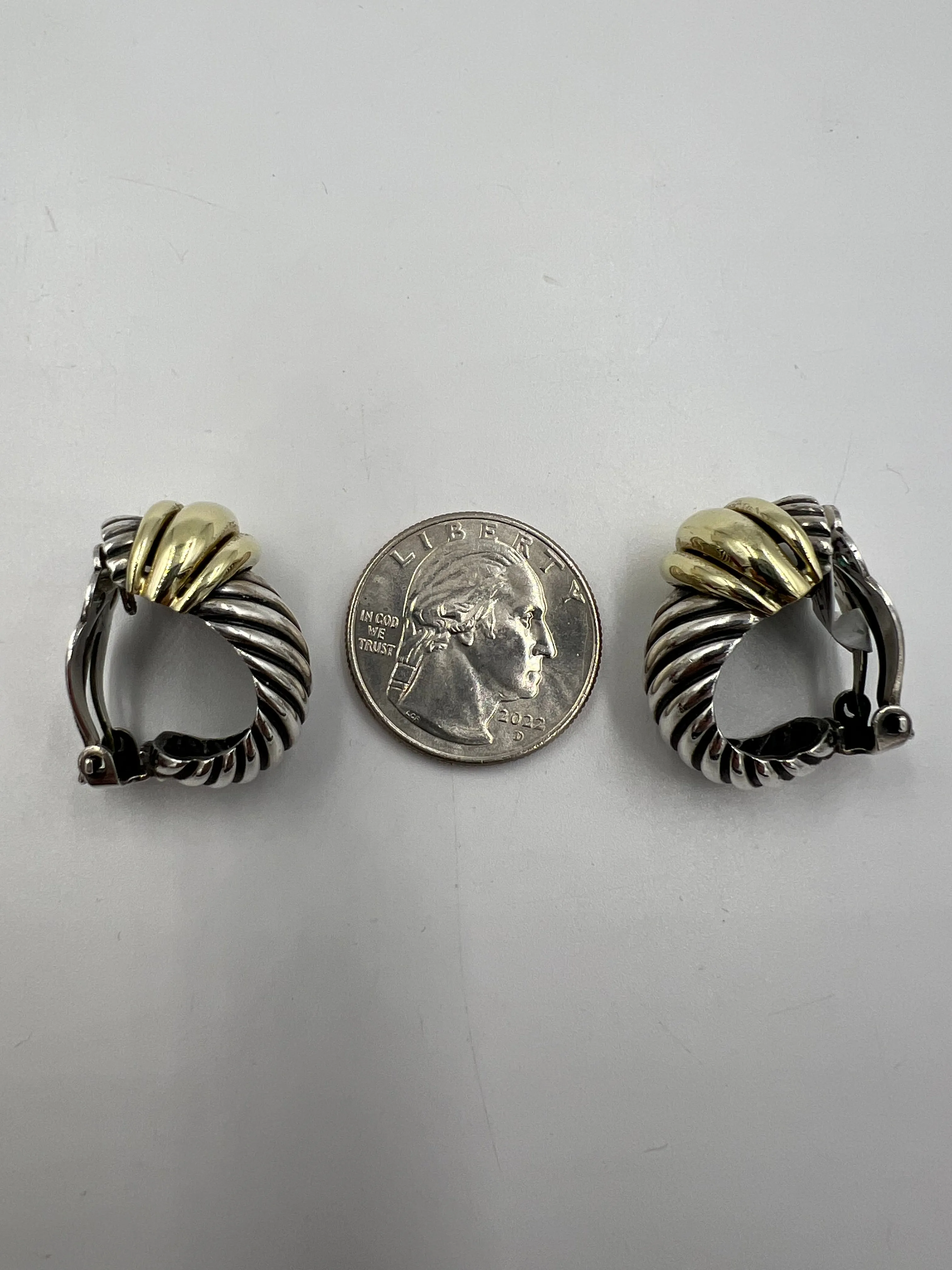 David Yurman Silver Gold J Hoop Clip On Earrings