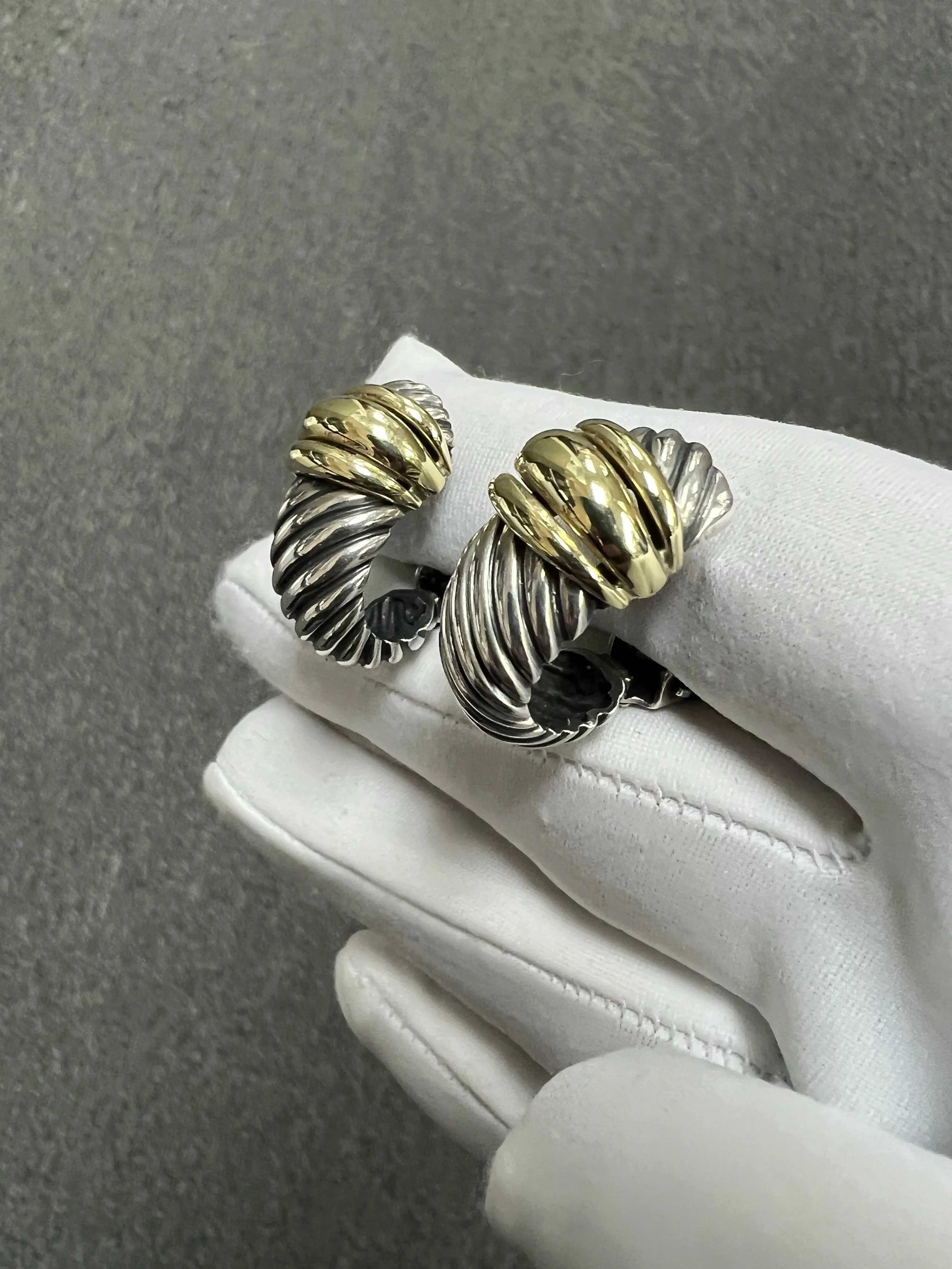 David Yurman Silver Gold J Hoop Clip On Earrings