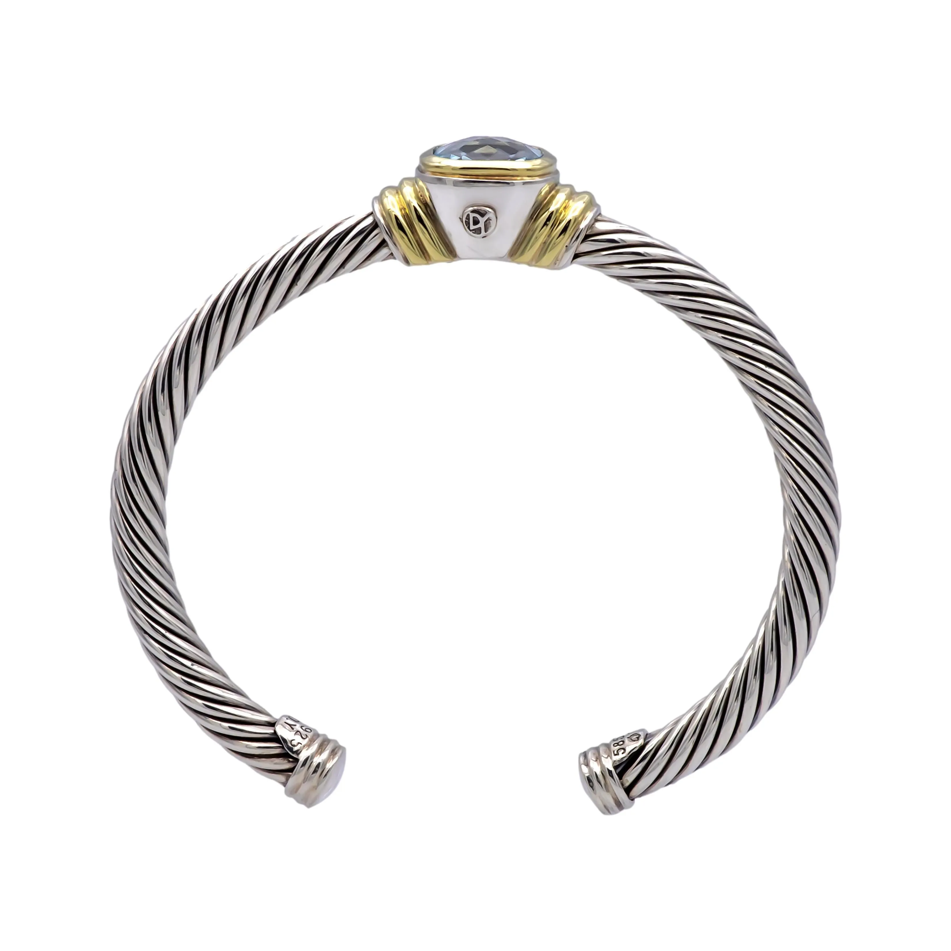 David Yurman Silver Noblesse 14k Yellow Gold Silver Cable Blue Topaz Open Cuff Bracelet
