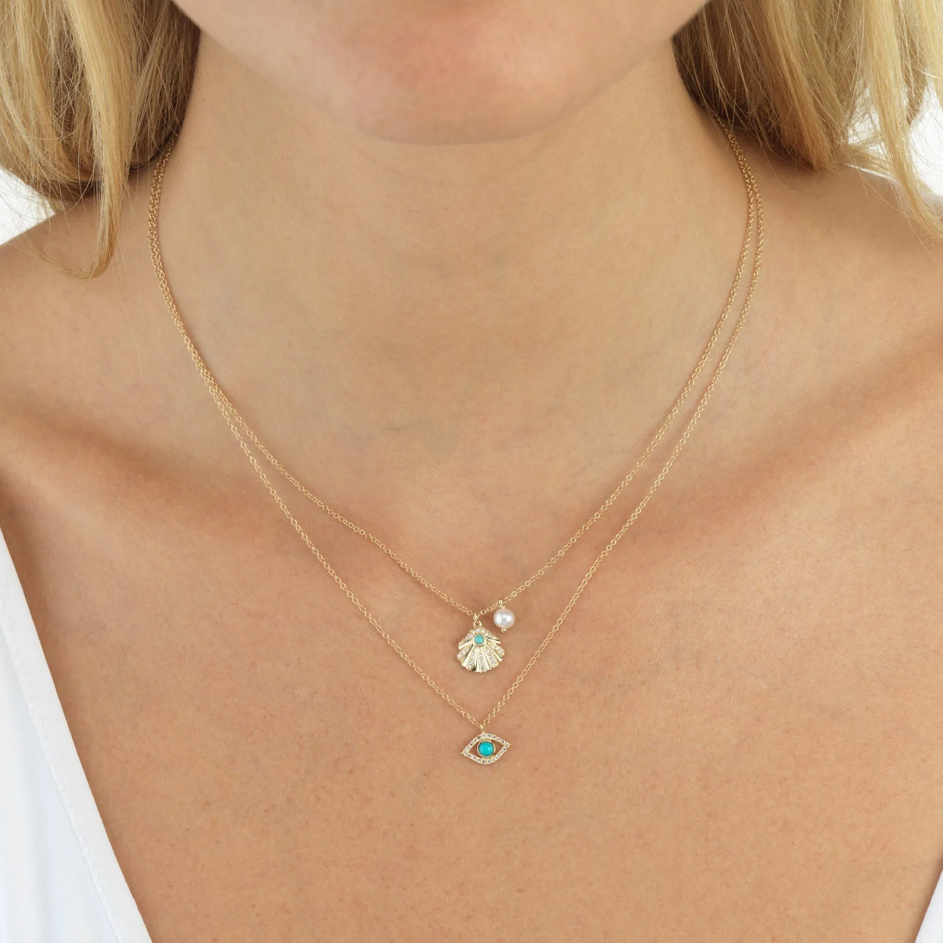 Diamond Turquoise Open Evil Eye Necklace 14K