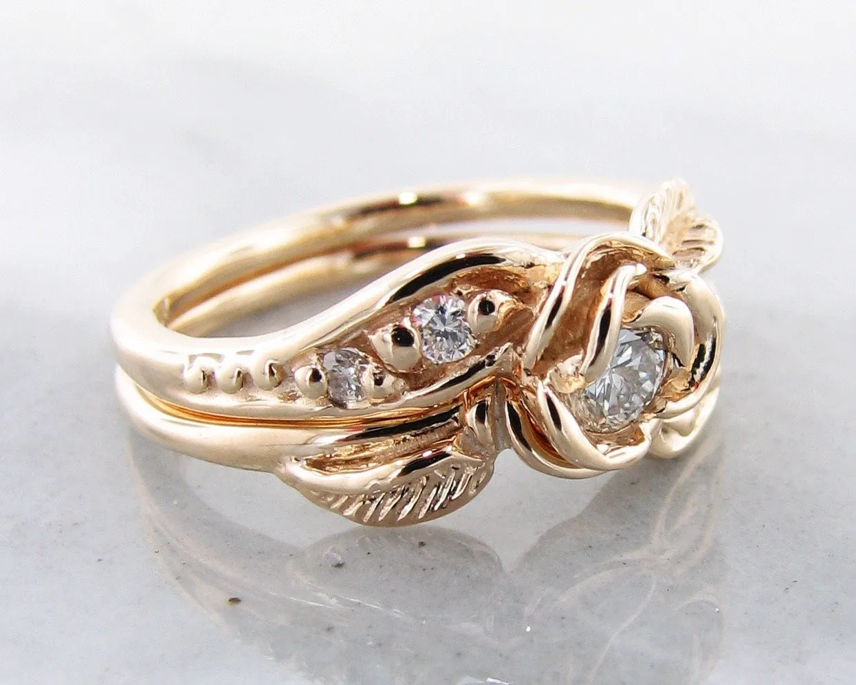 Diamond Yellow Gold Wedding Ring Set, Prize Tea Rose