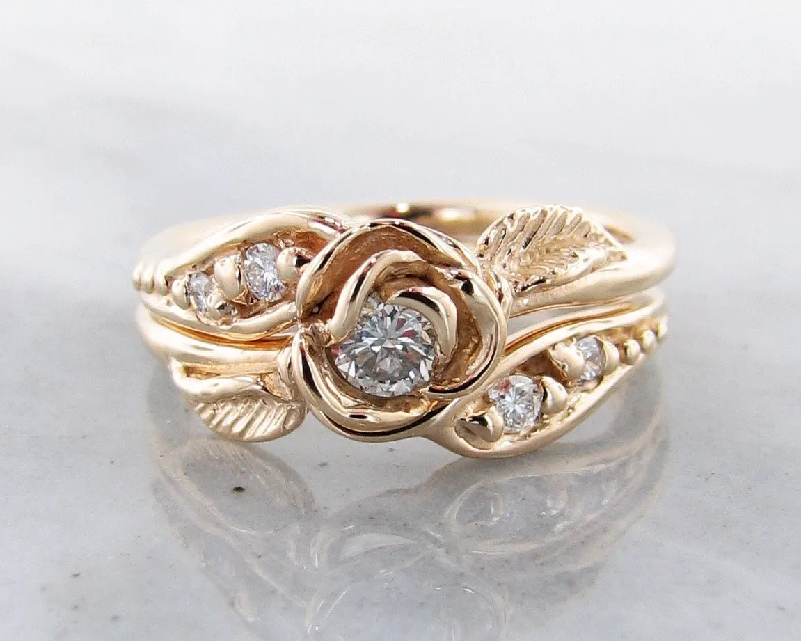 Diamond Yellow Gold Wedding Ring Set, Prize Tea Rose