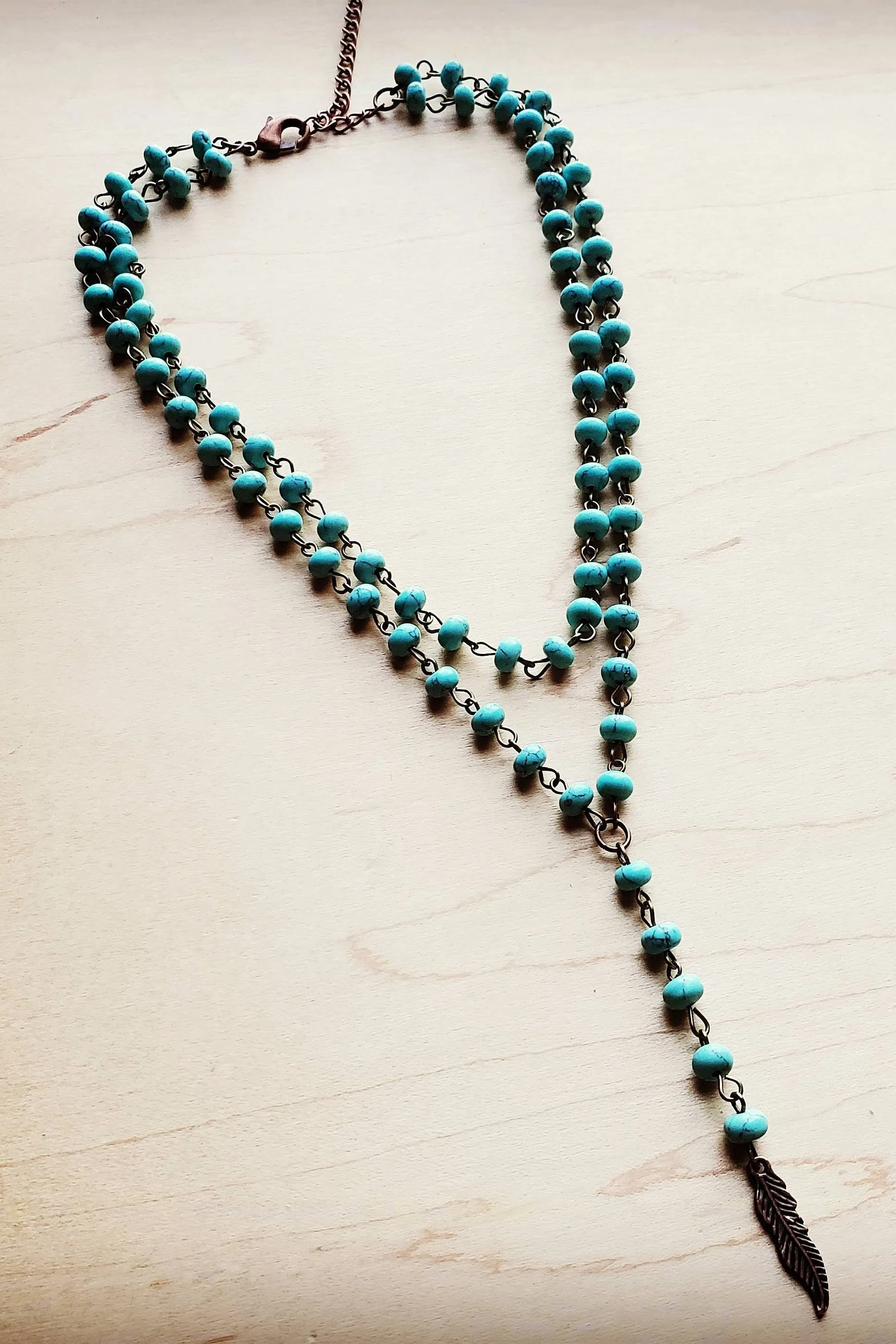 Double Lariat Turquoise Necklace w/ Copper Feather