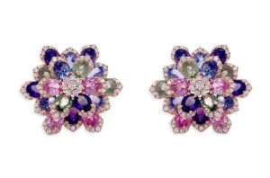 Earrings 18kt Gold Flowers Multicolor Gemstones & Diamonds