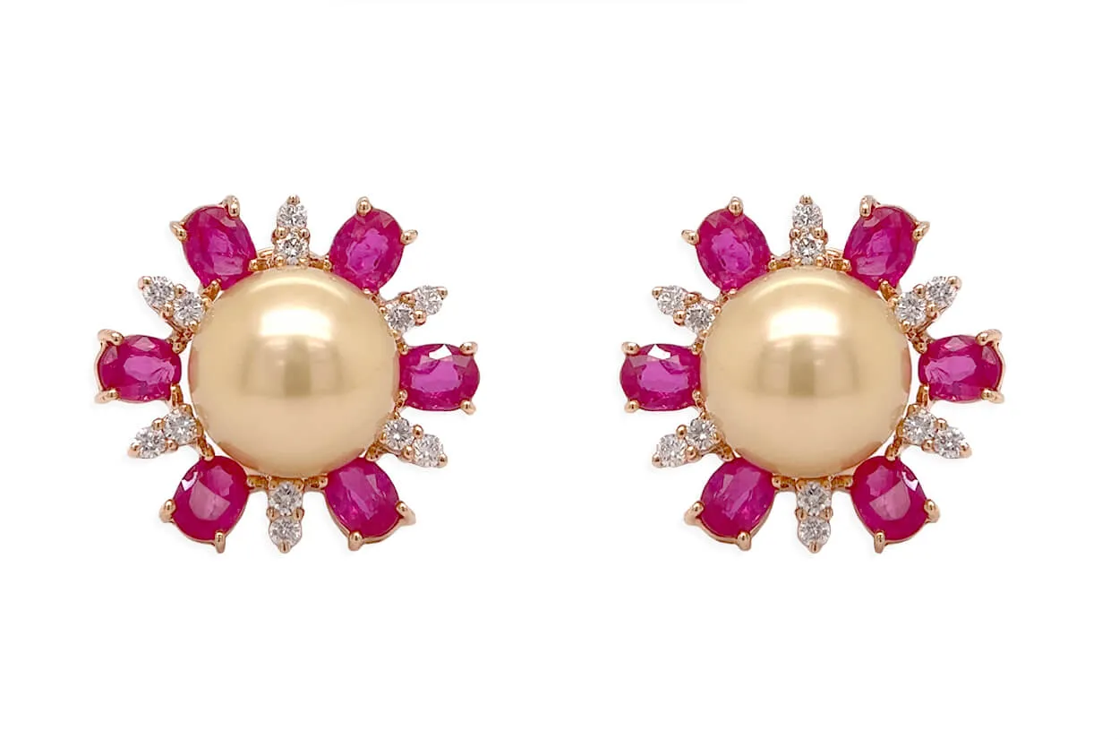 Earrings 18kt Gold Pearls with Sapphires & Diamonds Flowers