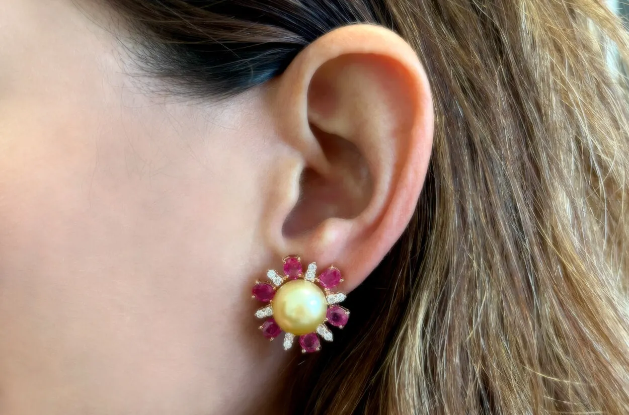 Earrings 18kt Gold Pearls with Sapphires & Diamonds Flowers
