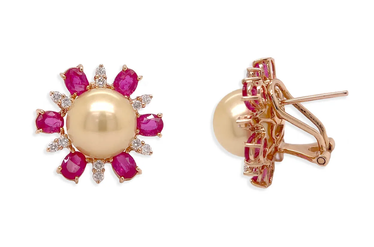Earrings 18kt Gold Pearls with Sapphires & Diamonds Flowers