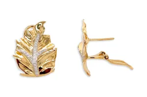 Earrings 18kt Gold Yellow Leaves & Diamonds Omega Back