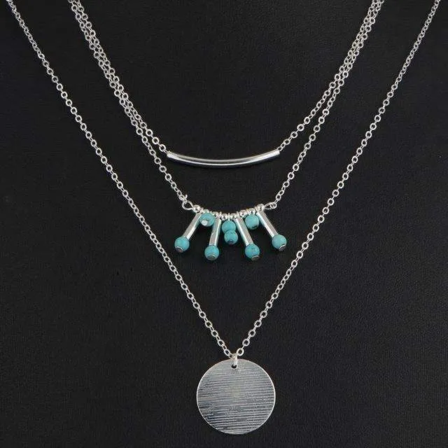 Elegant 3-Layer Turquoise Multilayer Necklace with Adjustable Length & Zinc Alloy Design