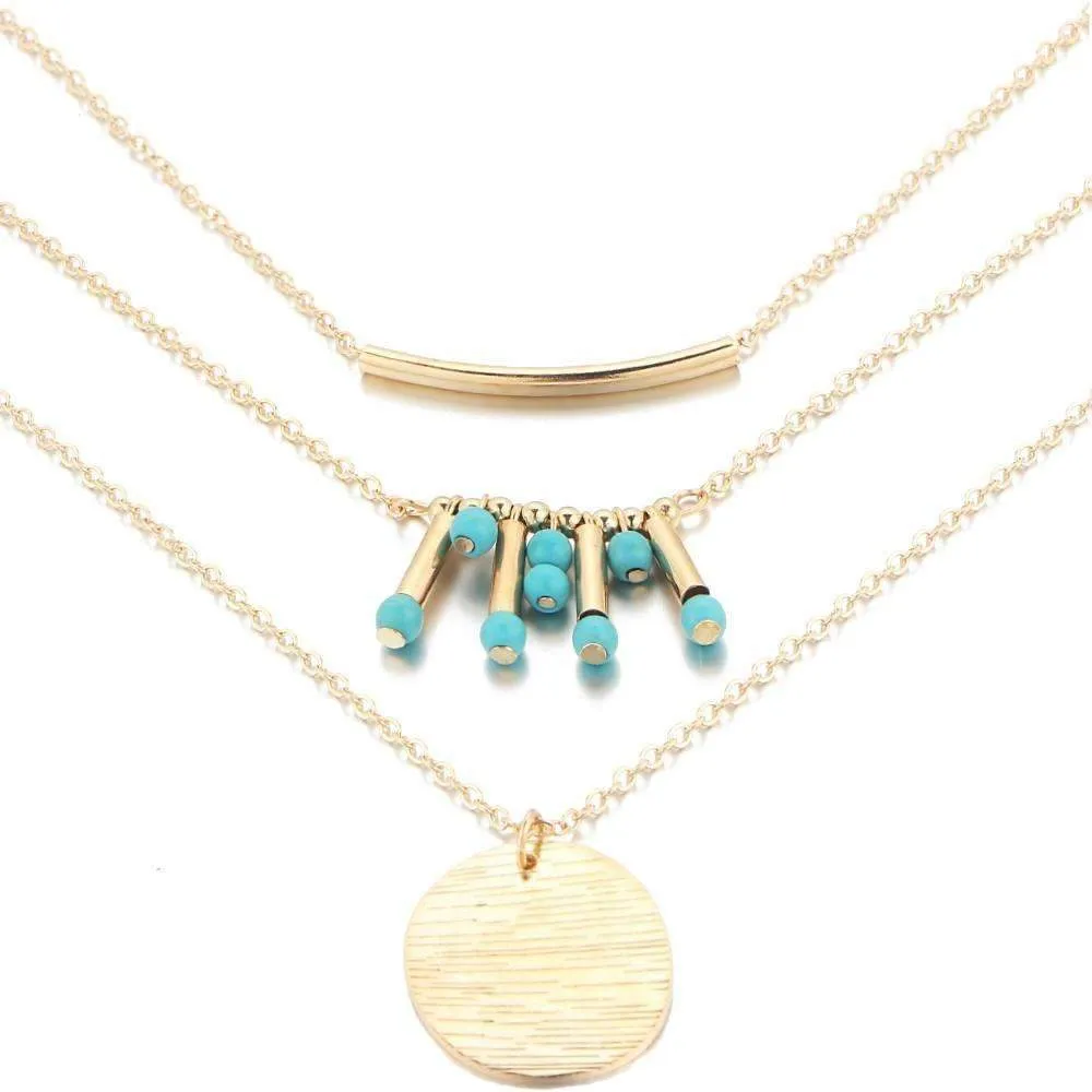 Elegant 3-Layer Turquoise Multilayer Necklace with Adjustable Length & Zinc Alloy Design