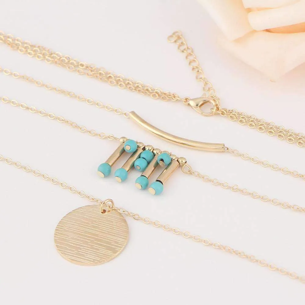 Elegant 3-Layer Turquoise Multilayer Necklace with Adjustable Length & Zinc Alloy Design