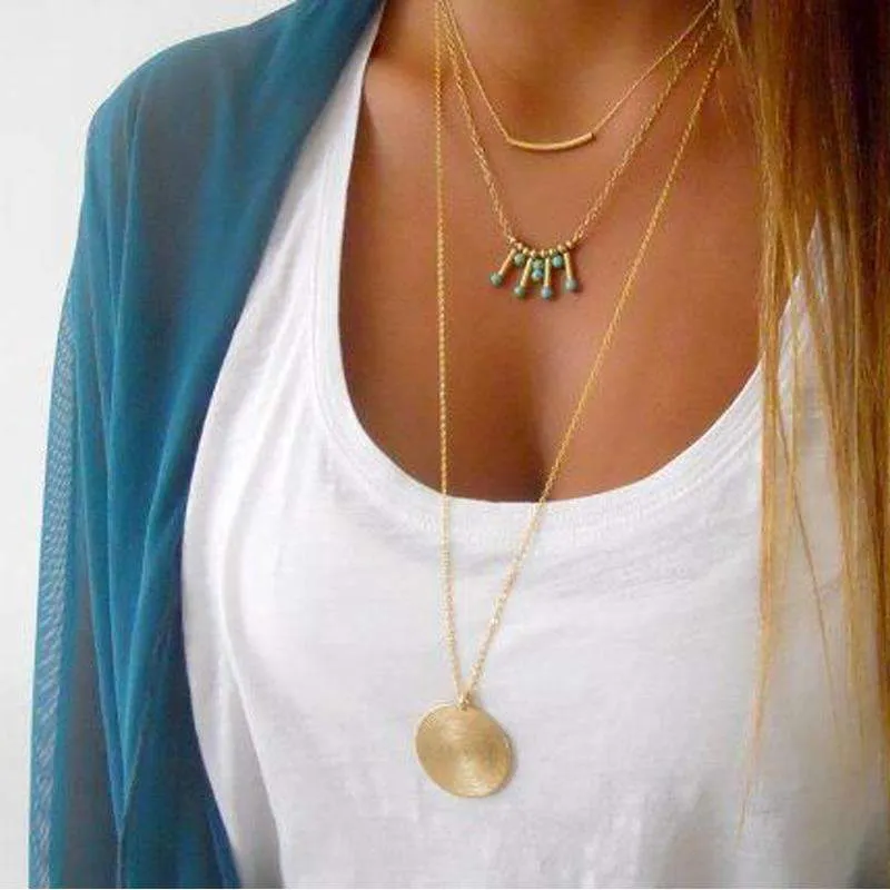 Elegant 3-Layer Turquoise Multilayer Necklace with Adjustable Length & Zinc Alloy Design
