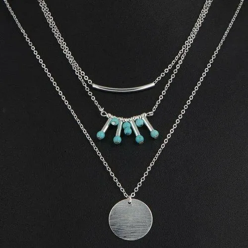 Elegant 3-Layer Turquoise Multilayer Necklace with Adjustable Length & Zinc Alloy Design