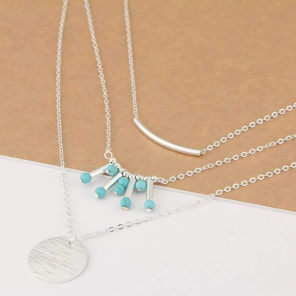 Elegant 3-Layer Turquoise Multilayer Necklace with Adjustable Length & Zinc Alloy Design