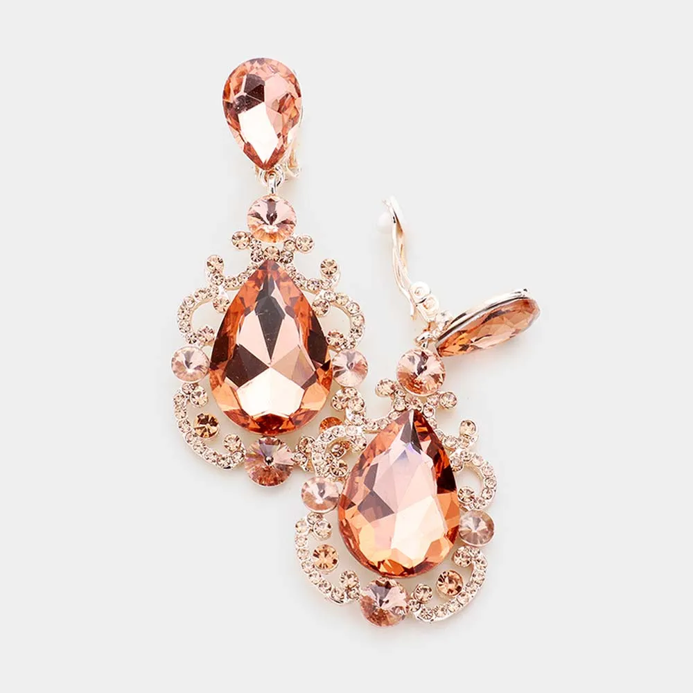 Elegant Peach Crystal Teardrop Dangle Clip On Earrings   | 479308