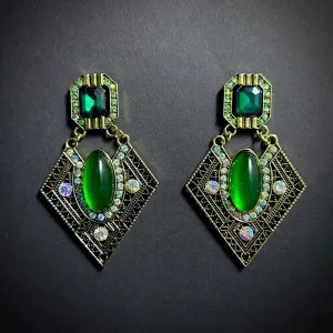 Emerald & Gold Geometric Filigree & Rhinestone Earrings