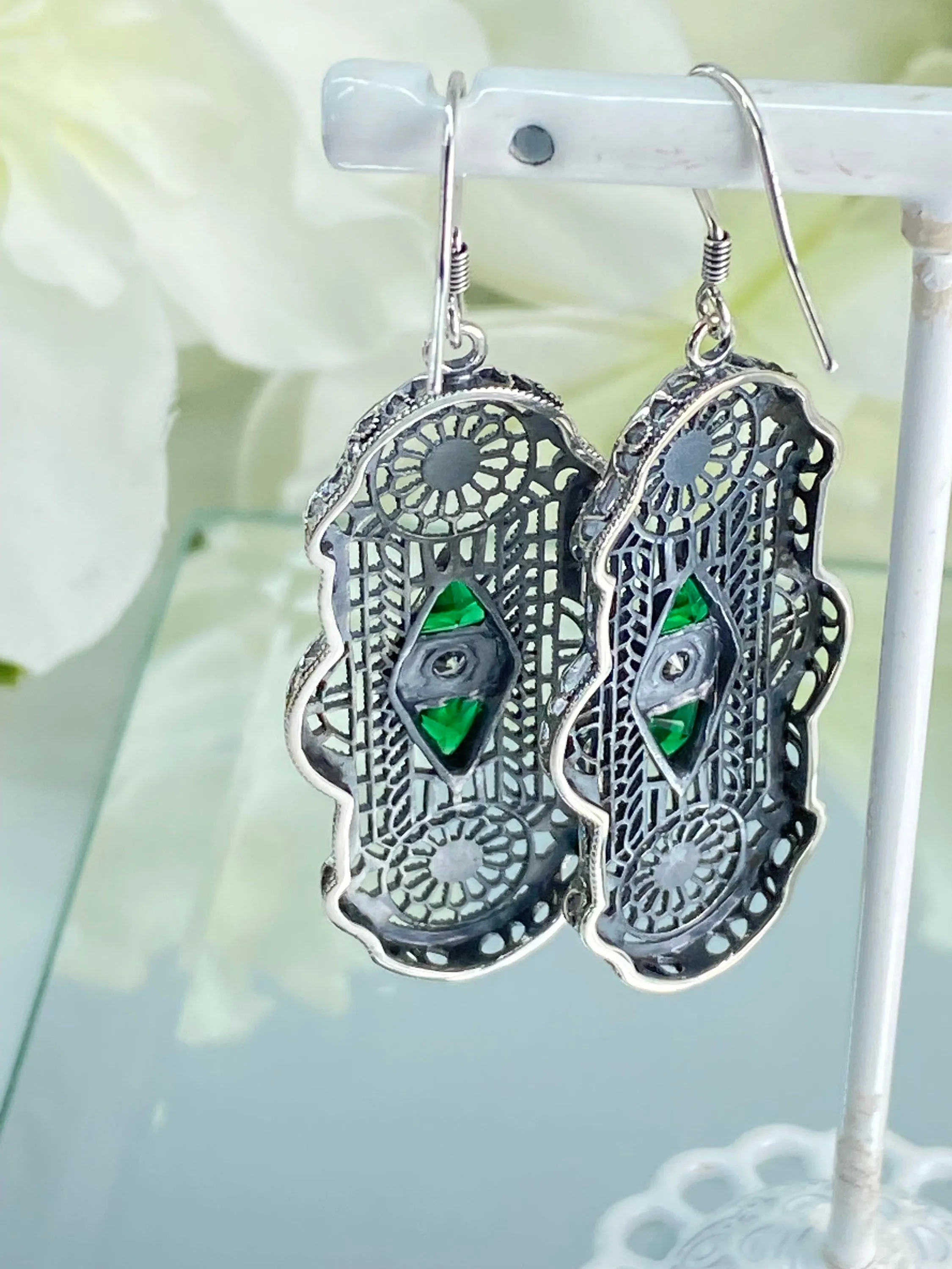 Emerald Earrings, Art Deco 1930's Filigree E60 - Ready to Ship