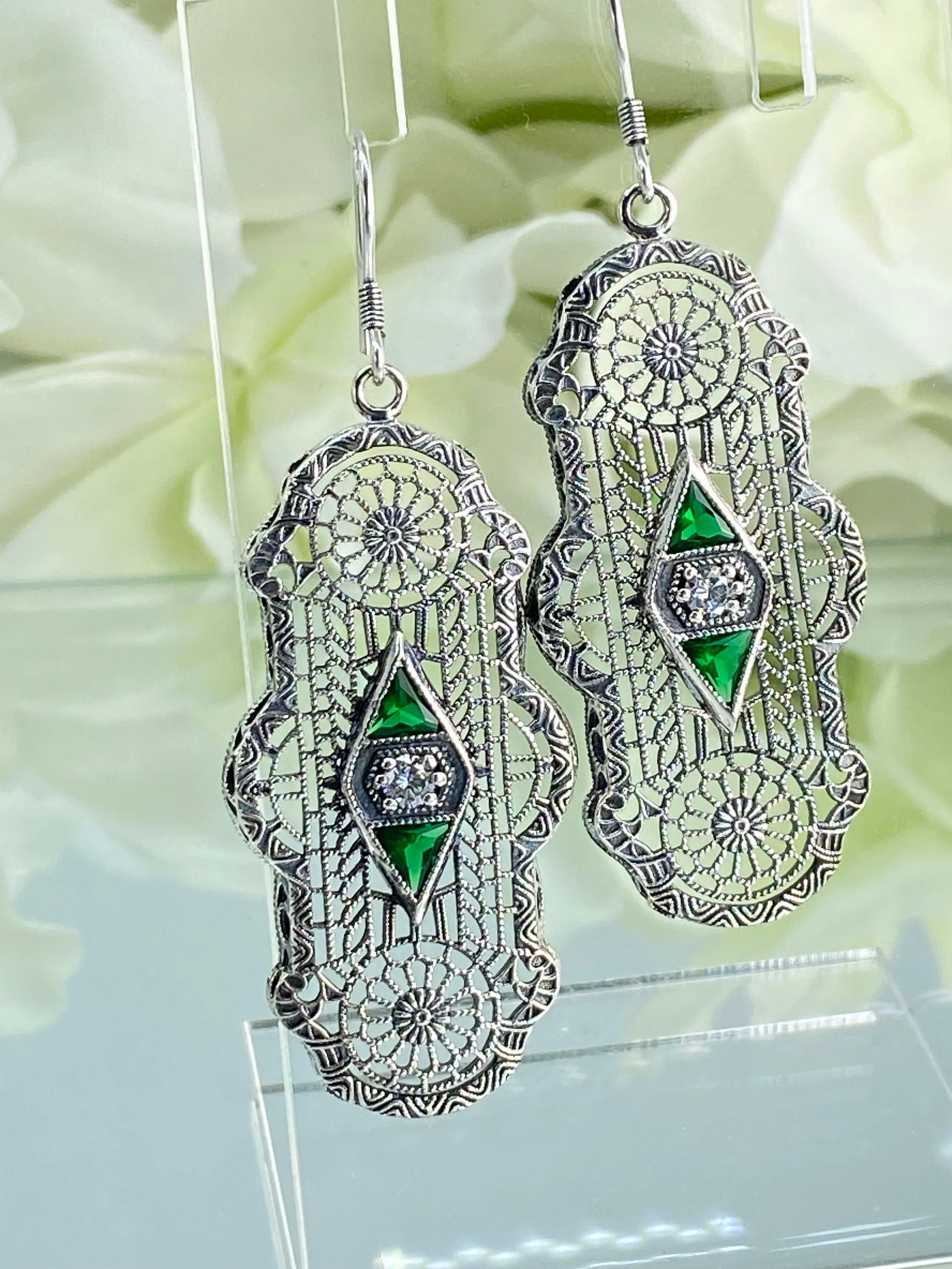 Emerald Earrings, Art Deco 1930's Filigree E60 - Ready to Ship