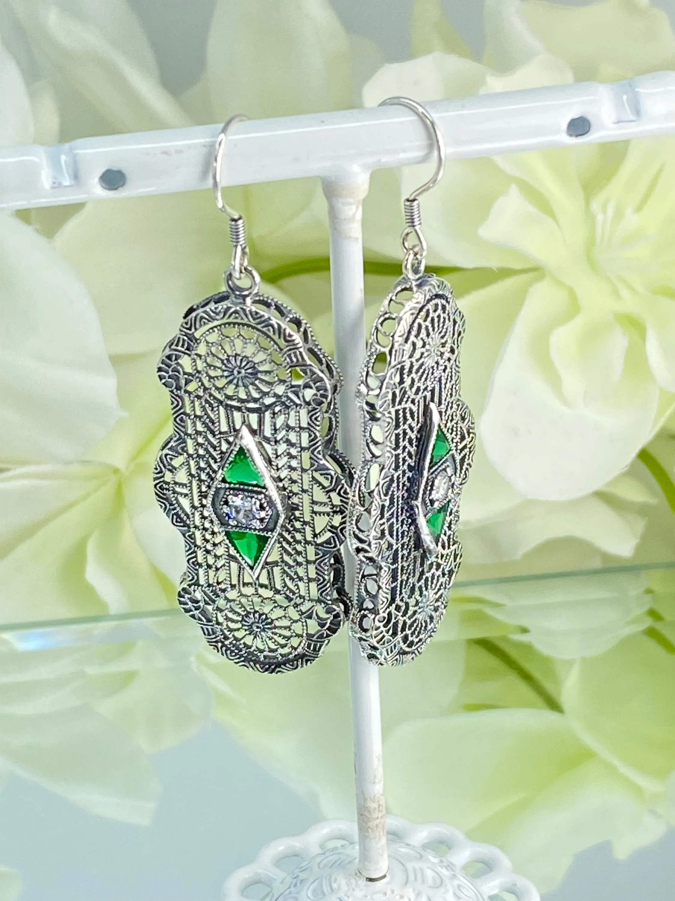 Emerald Earrings, Art Deco 1930's Filigree E60 - Ready to Ship