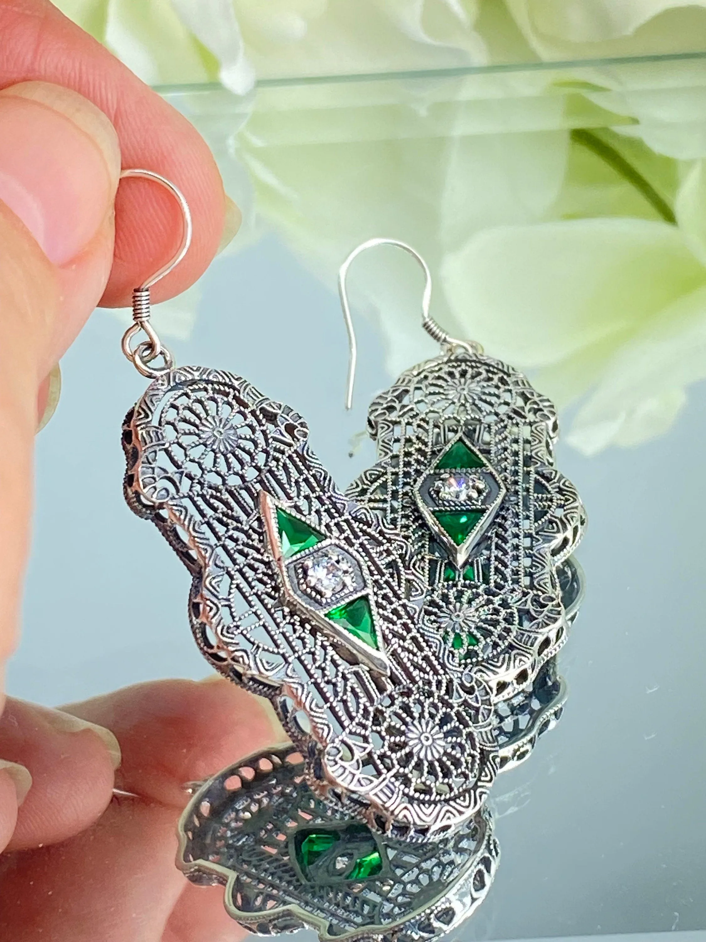 Emerald Earrings, Art Deco 1930's Filigree E60 - Ready to Ship