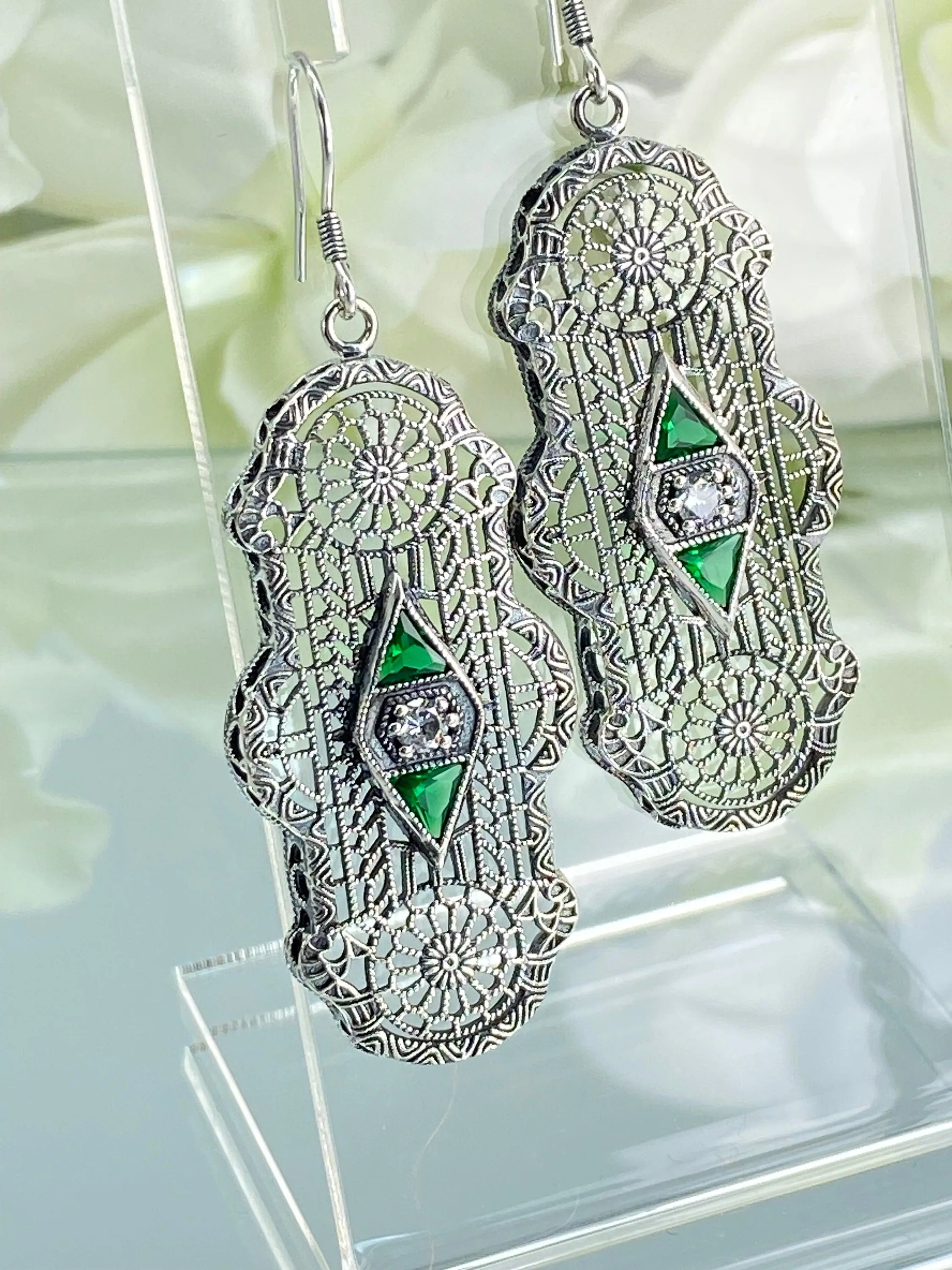 Emerald Earrings, Art Deco 1930's Filigree E60 - Ready to Ship