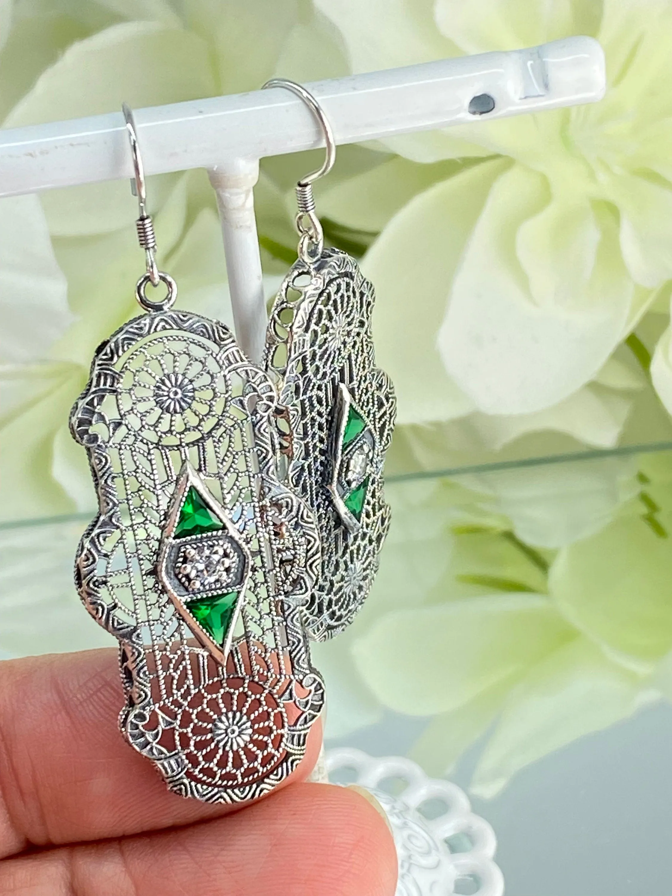 Emerald Earrings, Art Deco 1930's Filigree E60 - Ready to Ship