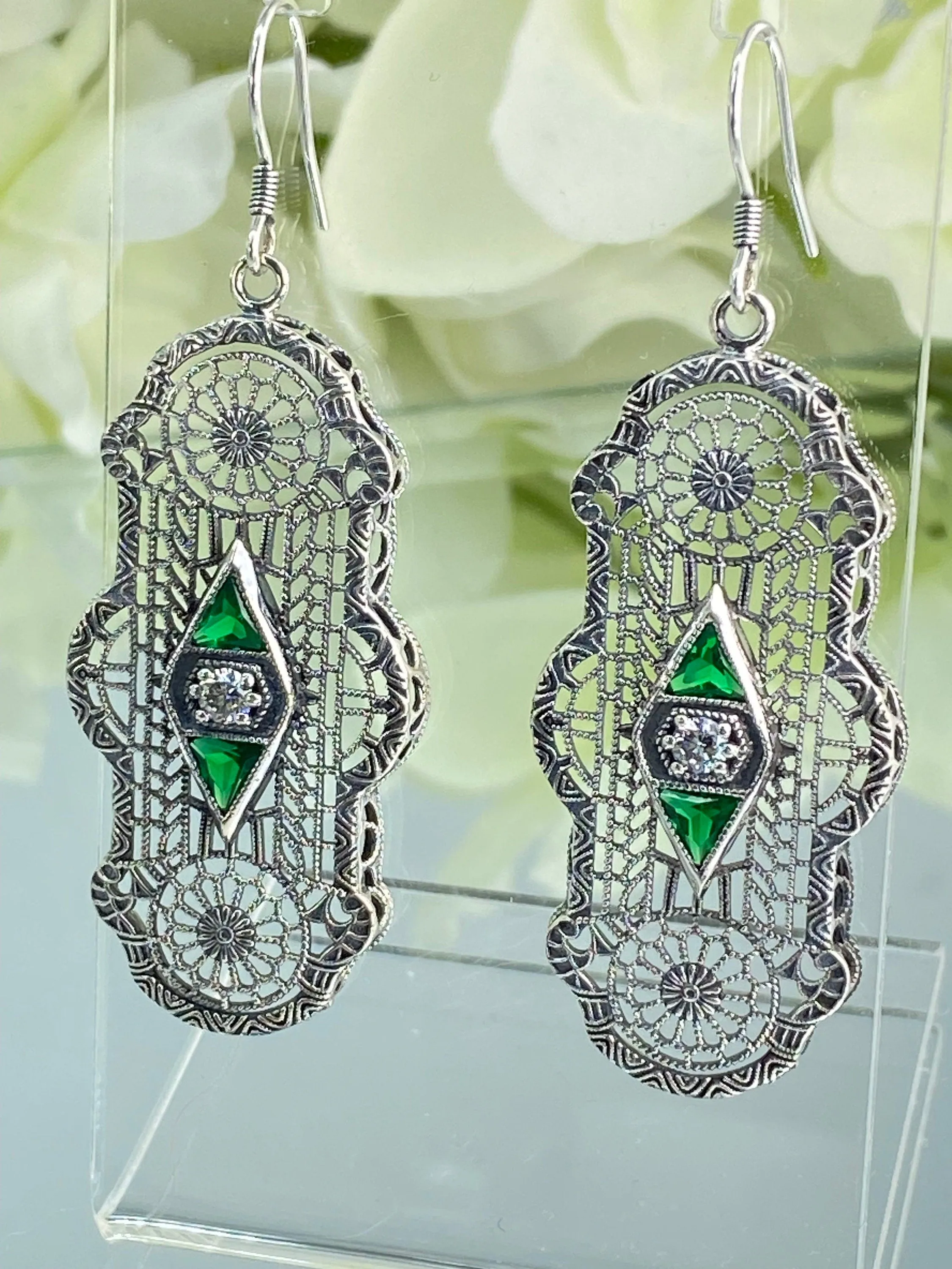 Emerald Earrings, Art Deco 1930's Filigree E60 - Ready to Ship