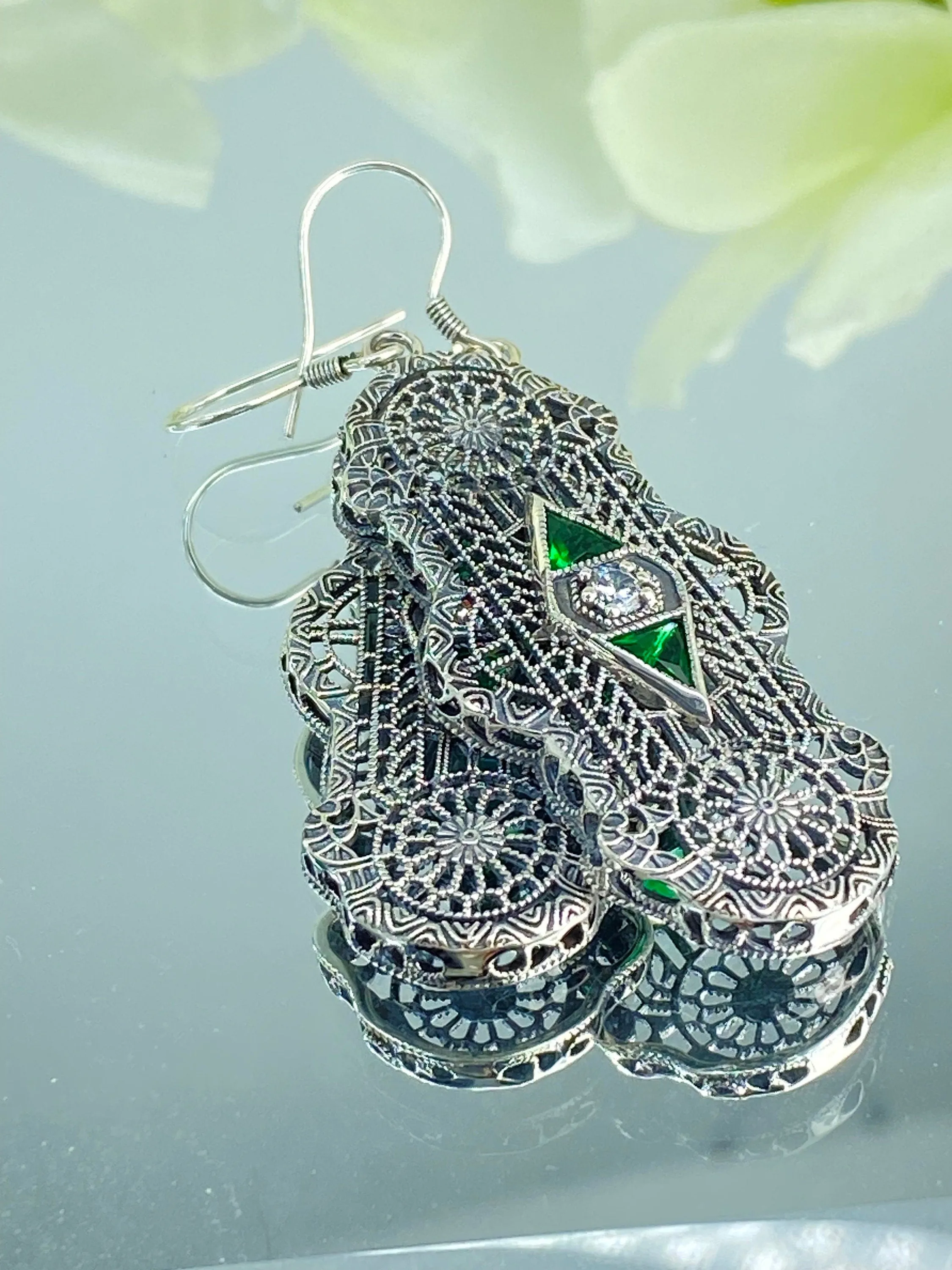 Emerald Earrings, Art Deco 1930's Filigree E60 - Ready to Ship
