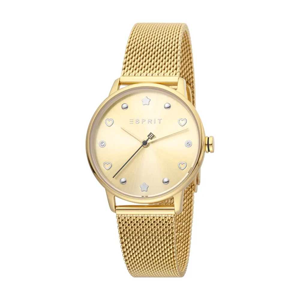Esprit Ladies Watch Gold Mesh Bracelet & Golden Dial Set With Accessories