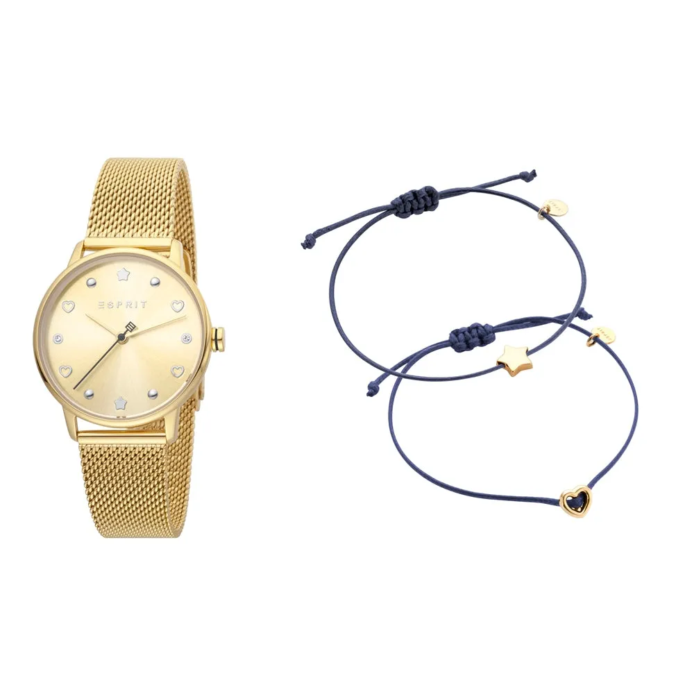 Esprit Ladies Watch Gold Mesh Bracelet & Golden Dial Set With Accessories