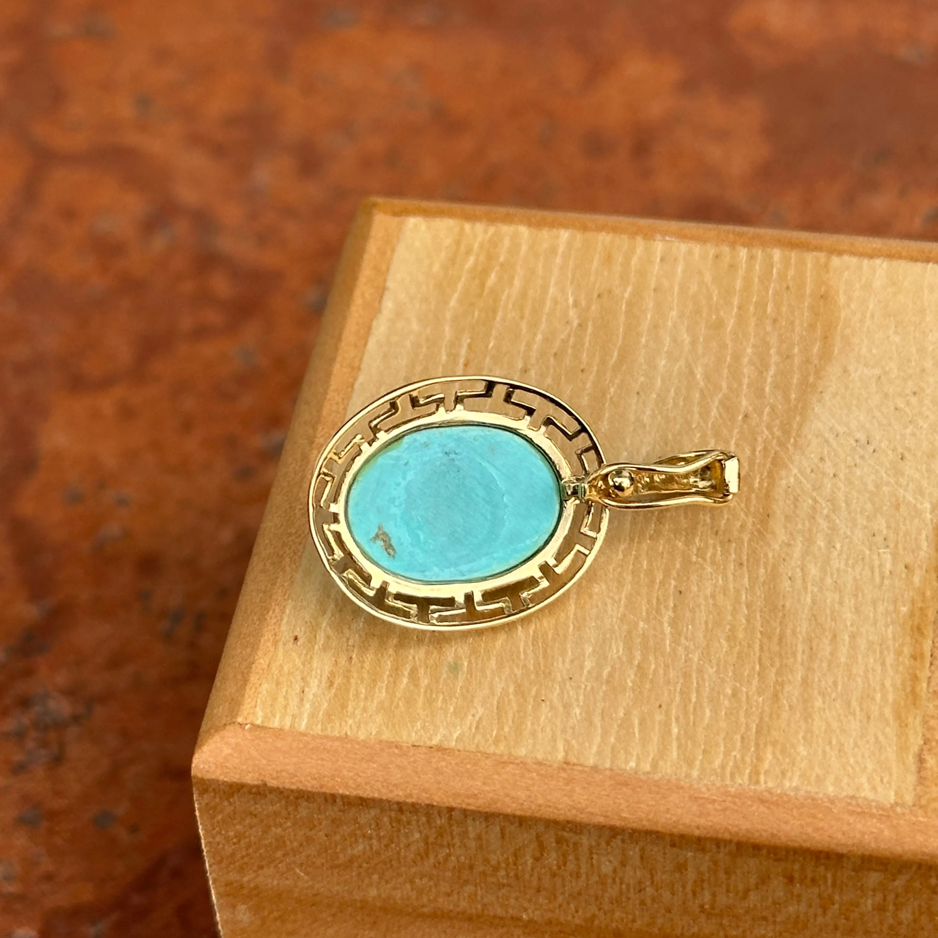 Estate 14KT Yellow Gold Oval Turquoise Greek Key Pendant Enhancer