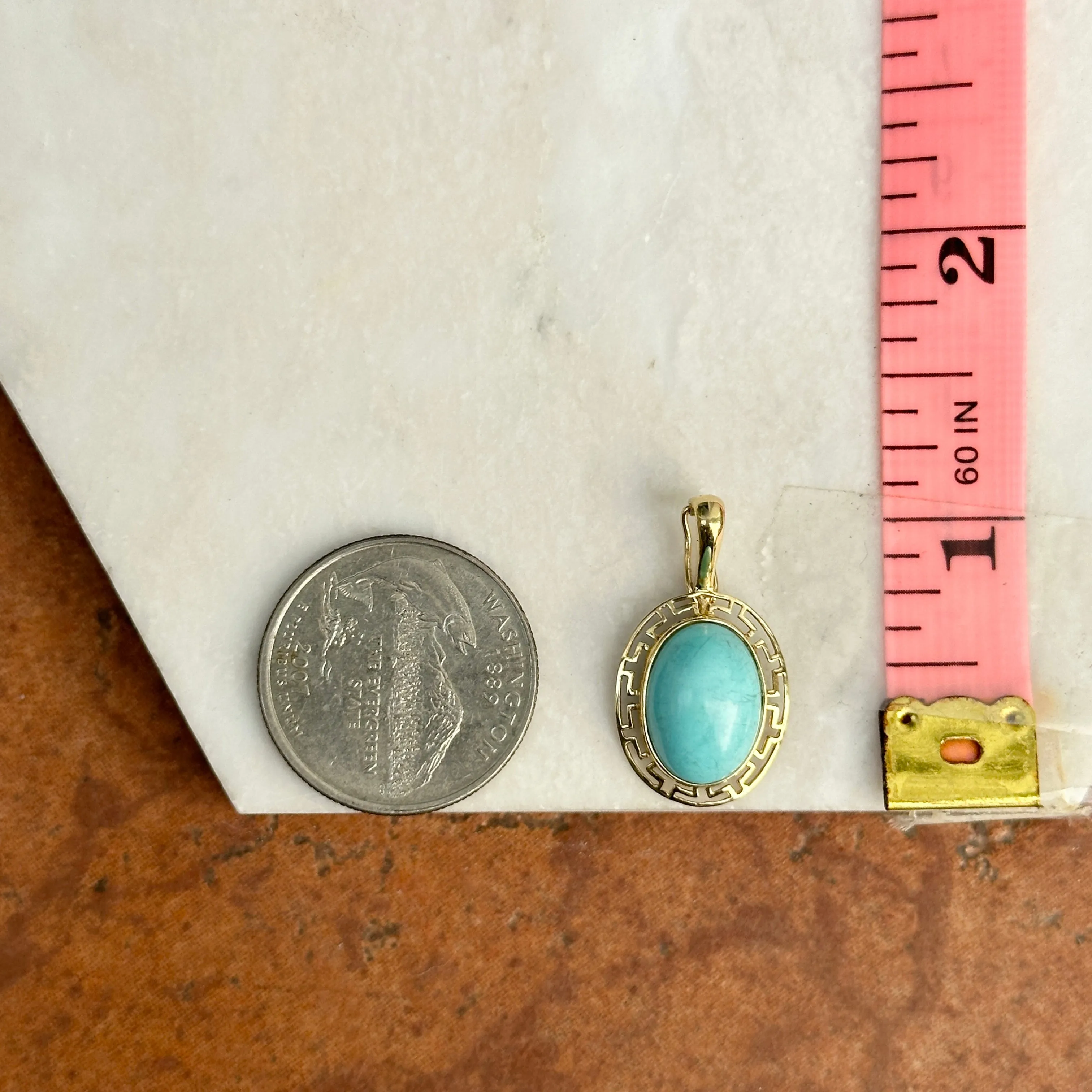 Estate 14KT Yellow Gold Oval Turquoise Greek Key Pendant Enhancer