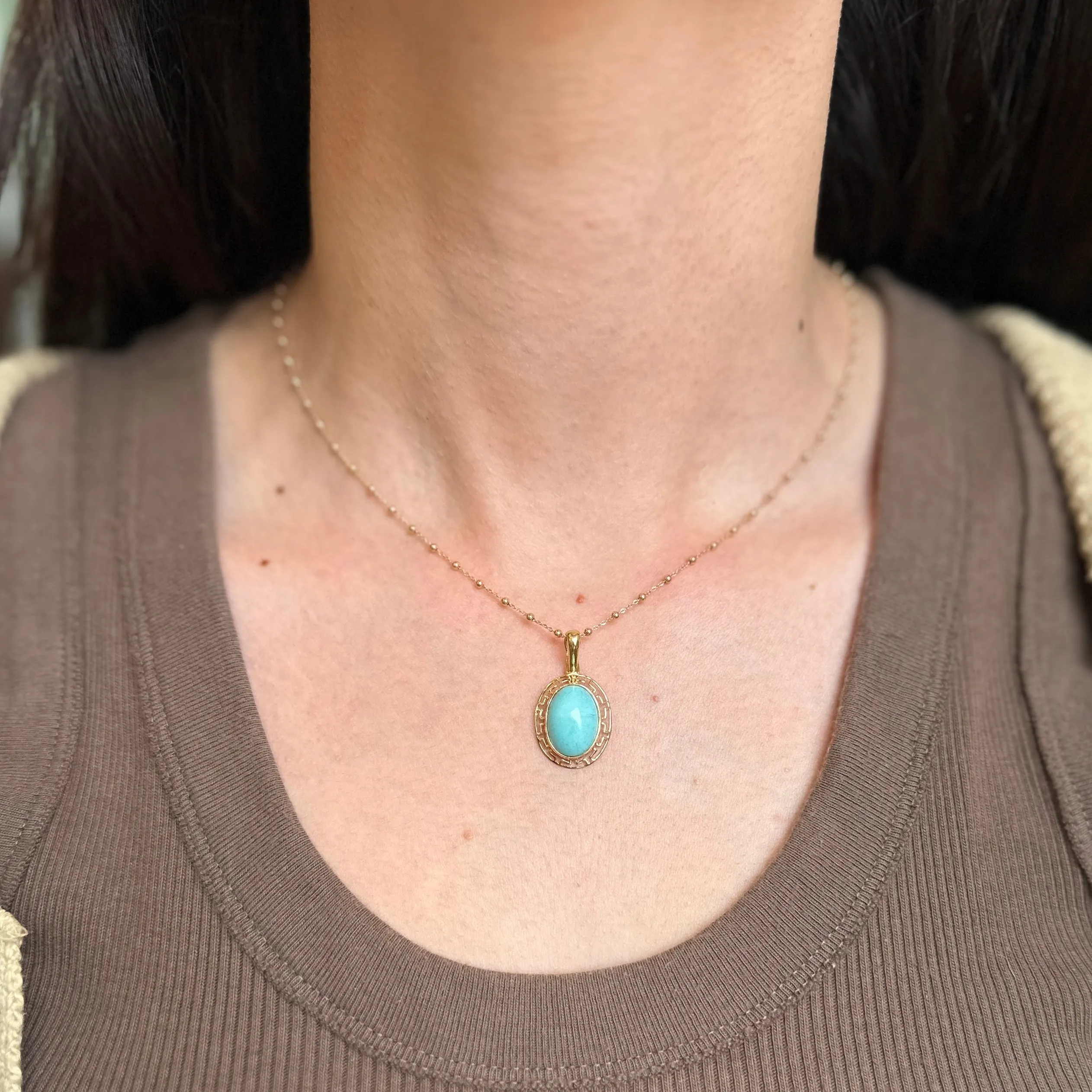 Estate 14KT Yellow Gold Oval Turquoise Greek Key Pendant Enhancer