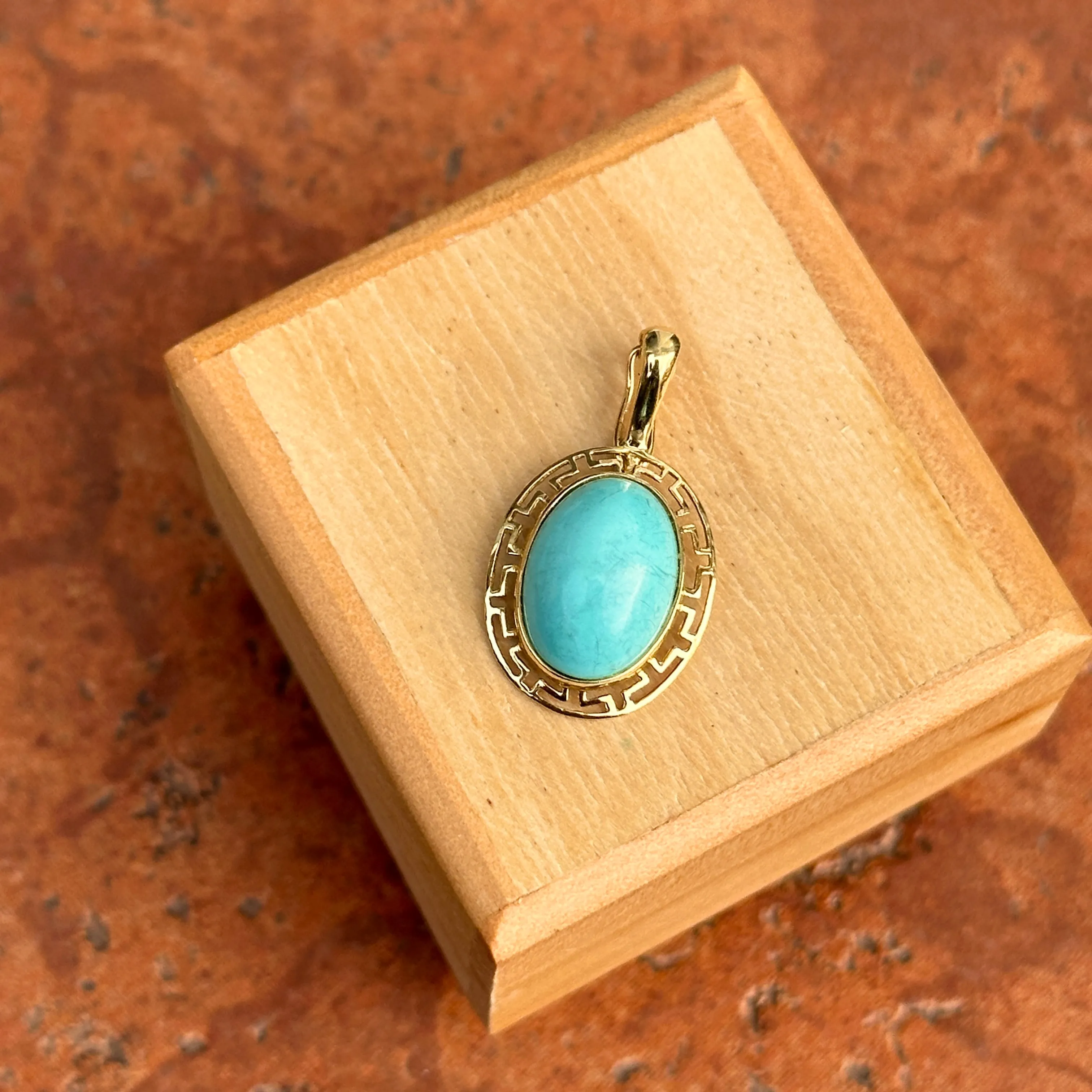 Estate 14KT Yellow Gold Oval Turquoise Greek Key Pendant Enhancer
