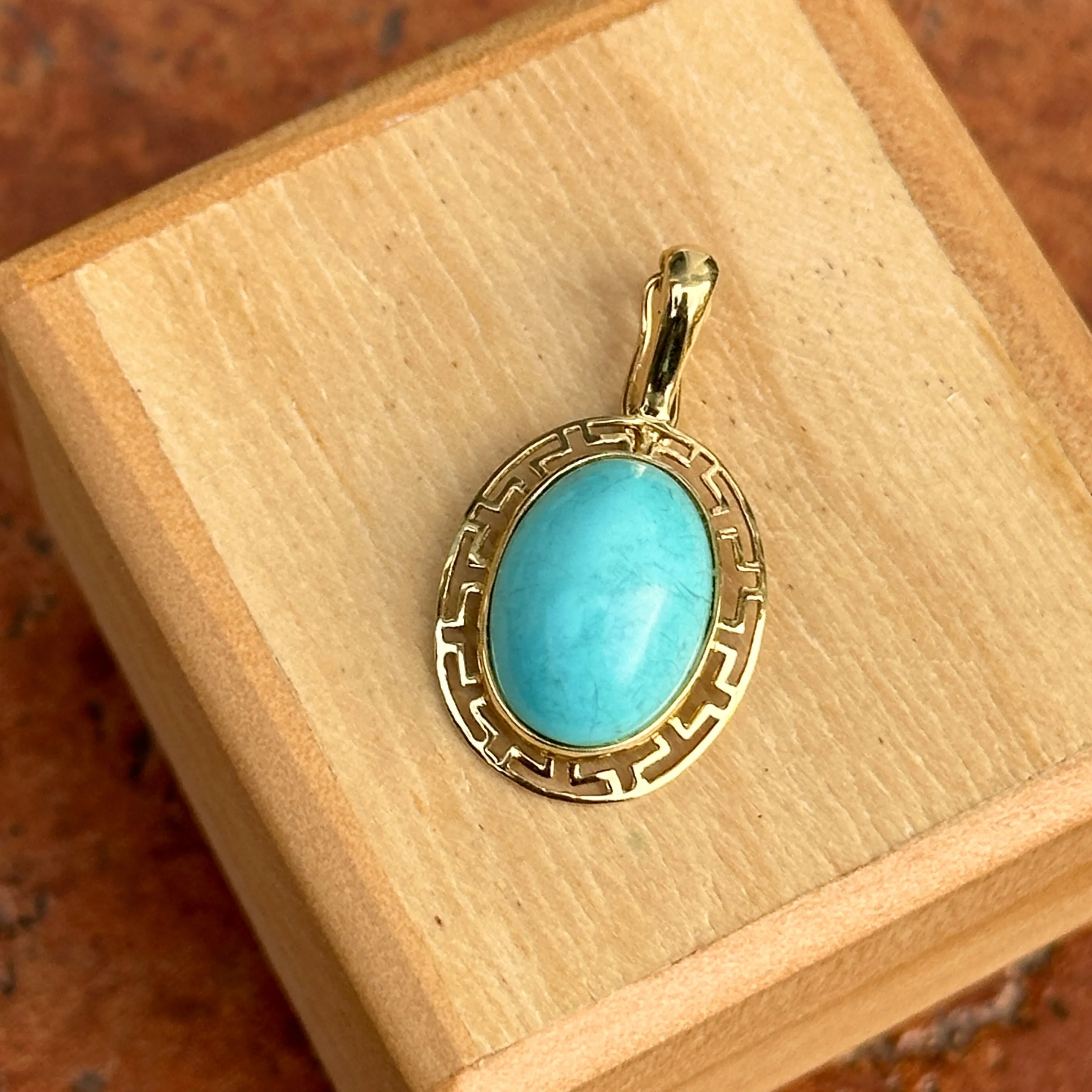 Estate 14KT Yellow Gold Oval Turquoise Greek Key Pendant Enhancer