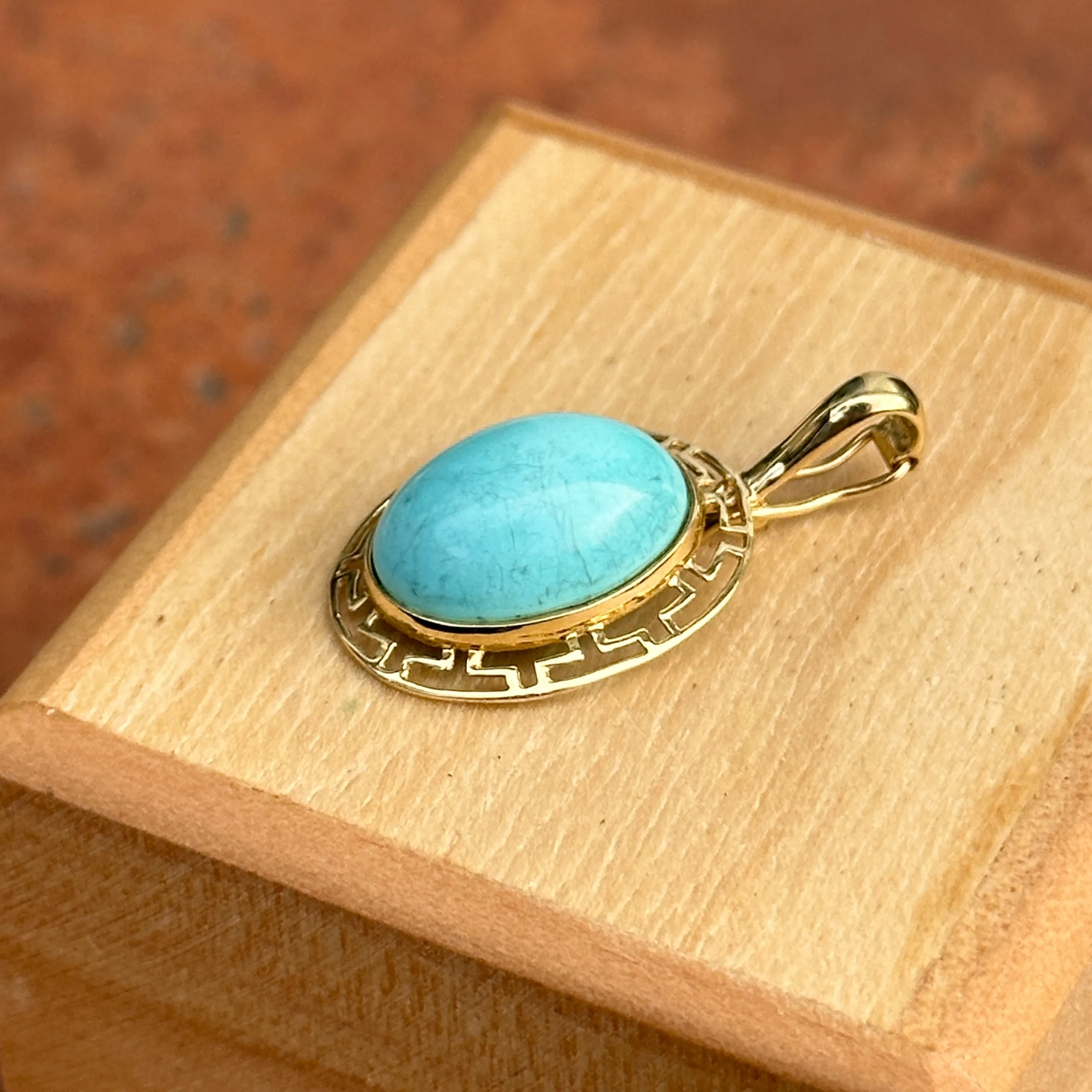 Estate 14KT Yellow Gold Oval Turquoise Greek Key Pendant Enhancer