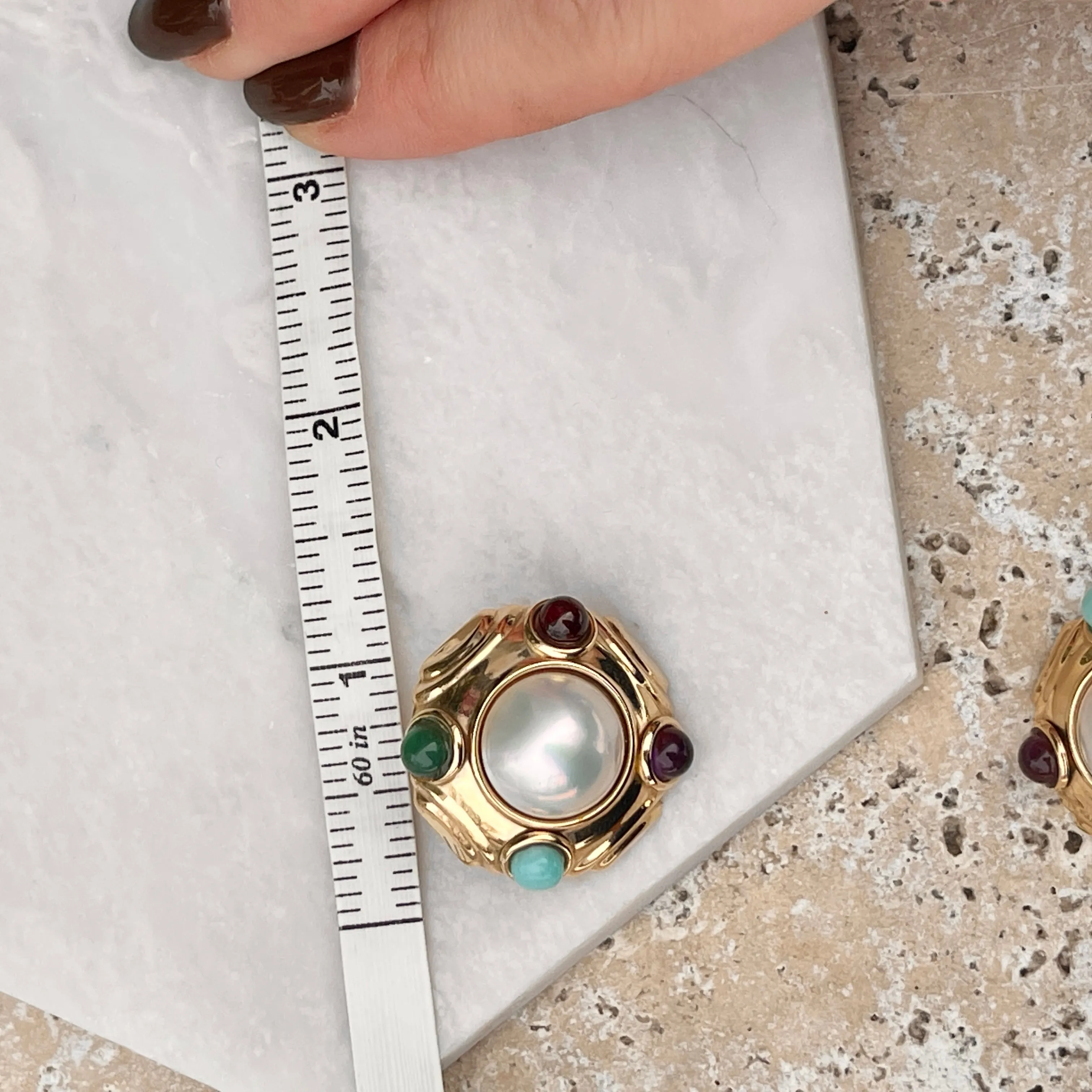 Estate 14KT Yellow Gold White Mabe Pearl   Cabochon Gemstone Omega Back Clip On Earrings