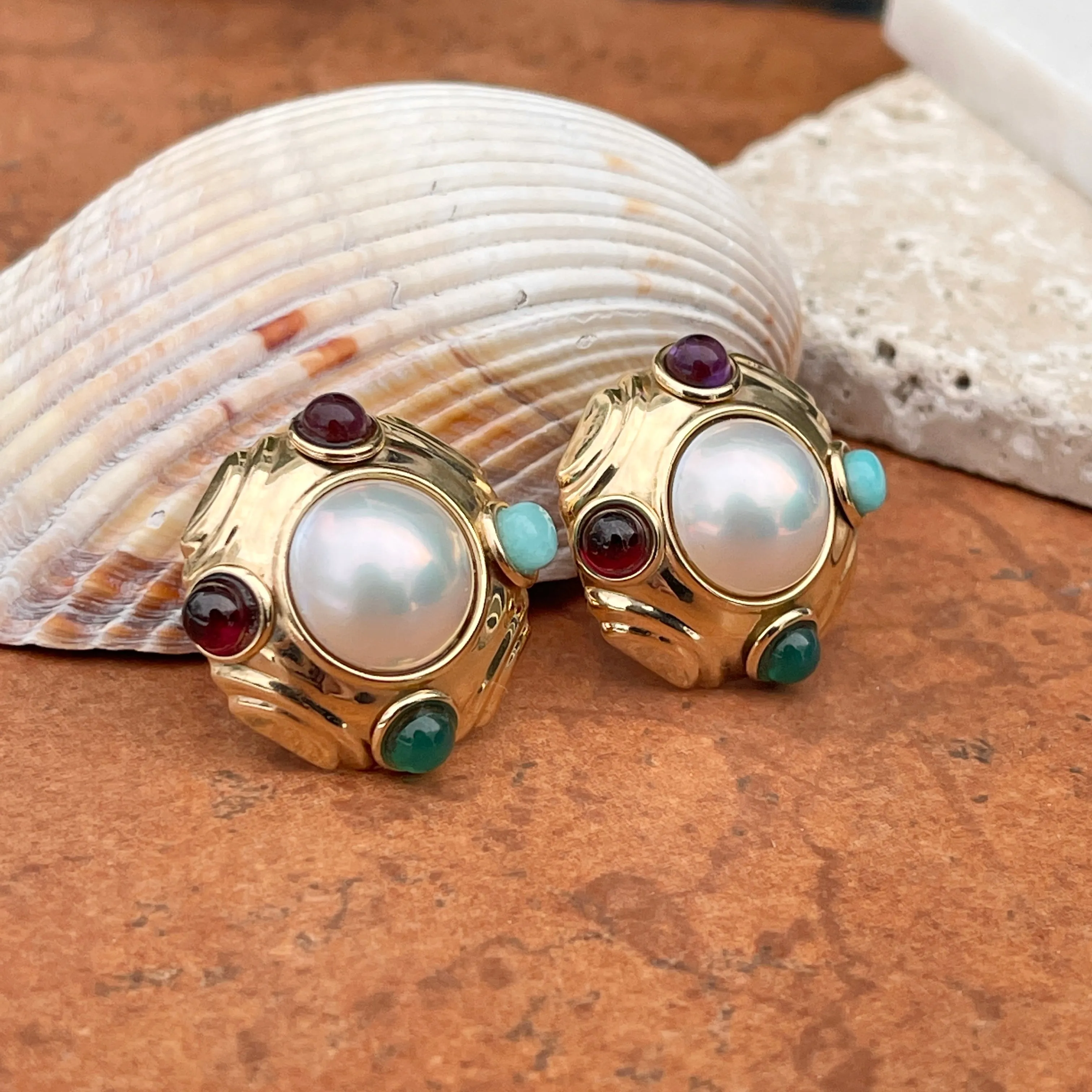Estate 14KT Yellow Gold White Mabe Pearl   Cabochon Gemstone Omega Back Clip On Earrings