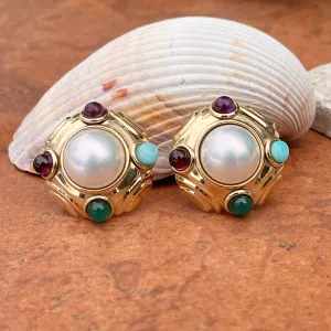 Estate 14KT Yellow Gold White Mabe Pearl   Cabochon Gemstone Omega Back Clip On Earrings