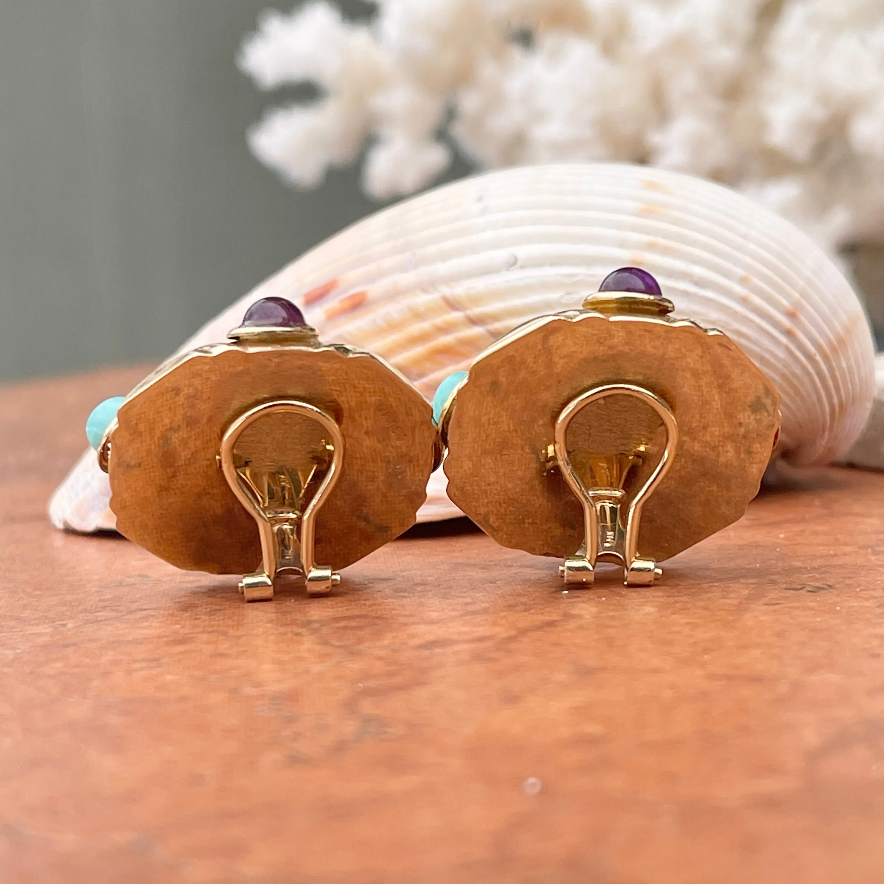 Estate 14KT Yellow Gold White Mabe Pearl   Cabochon Gemstone Omega Back Clip On Earrings
