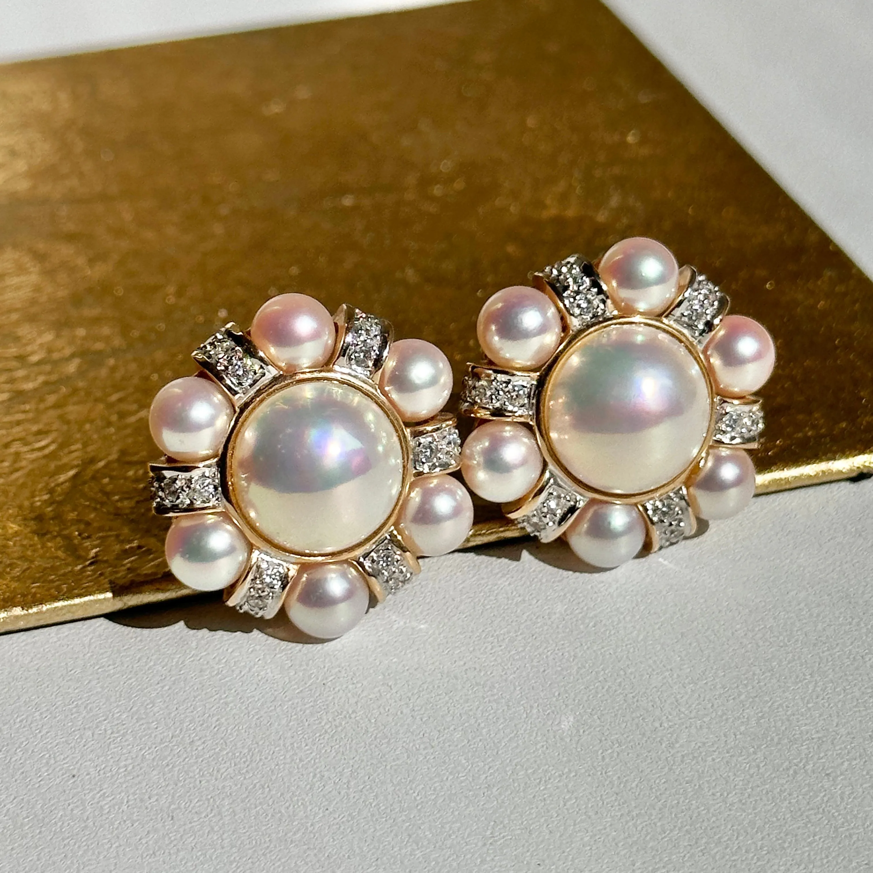 Estate Rita Tubus 14KT Yellow Gold Pearl   Pave Diamond Clip-On Earrings