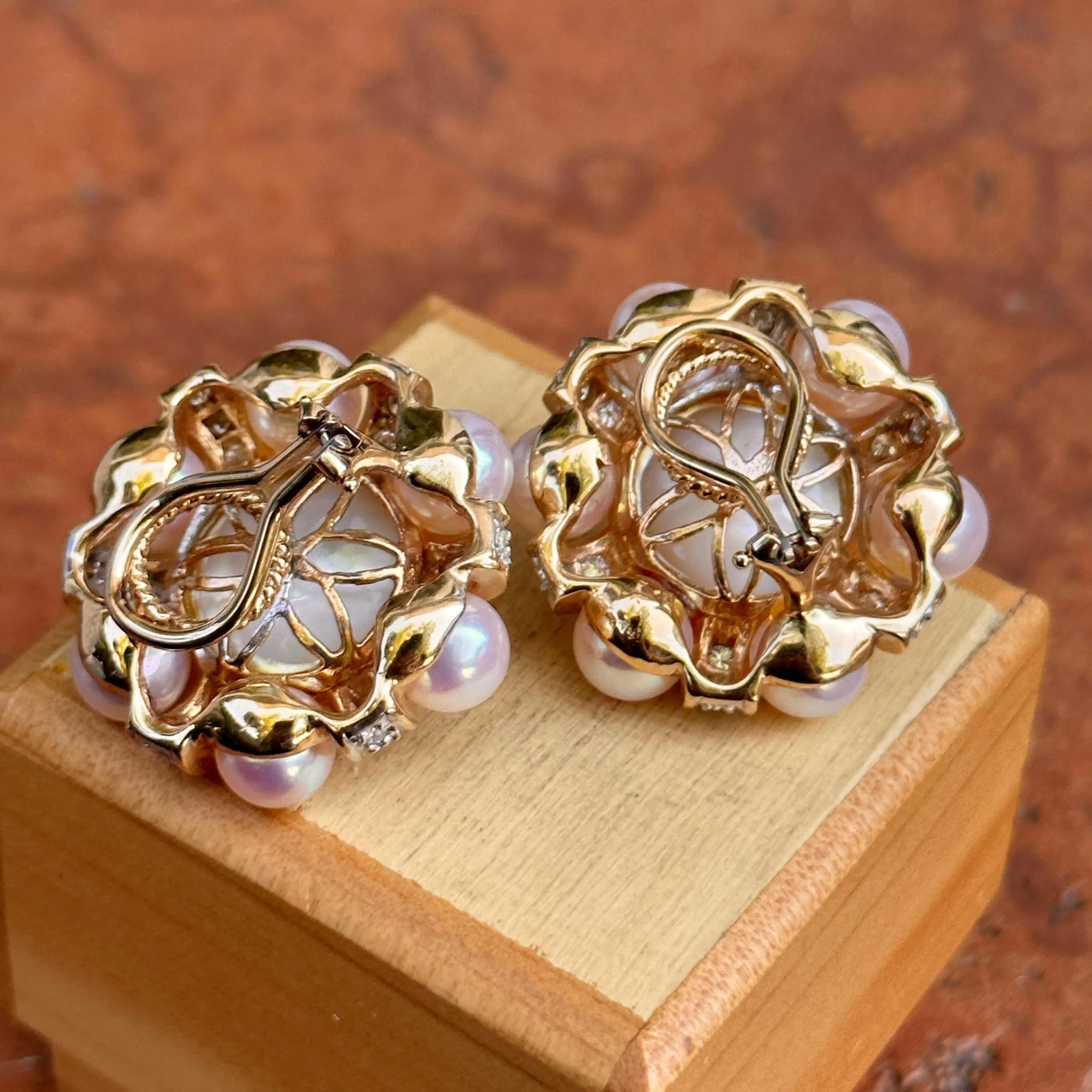 Estate Rita Tubus 14KT Yellow Gold Pearl   Pave Diamond Clip-On Earrings